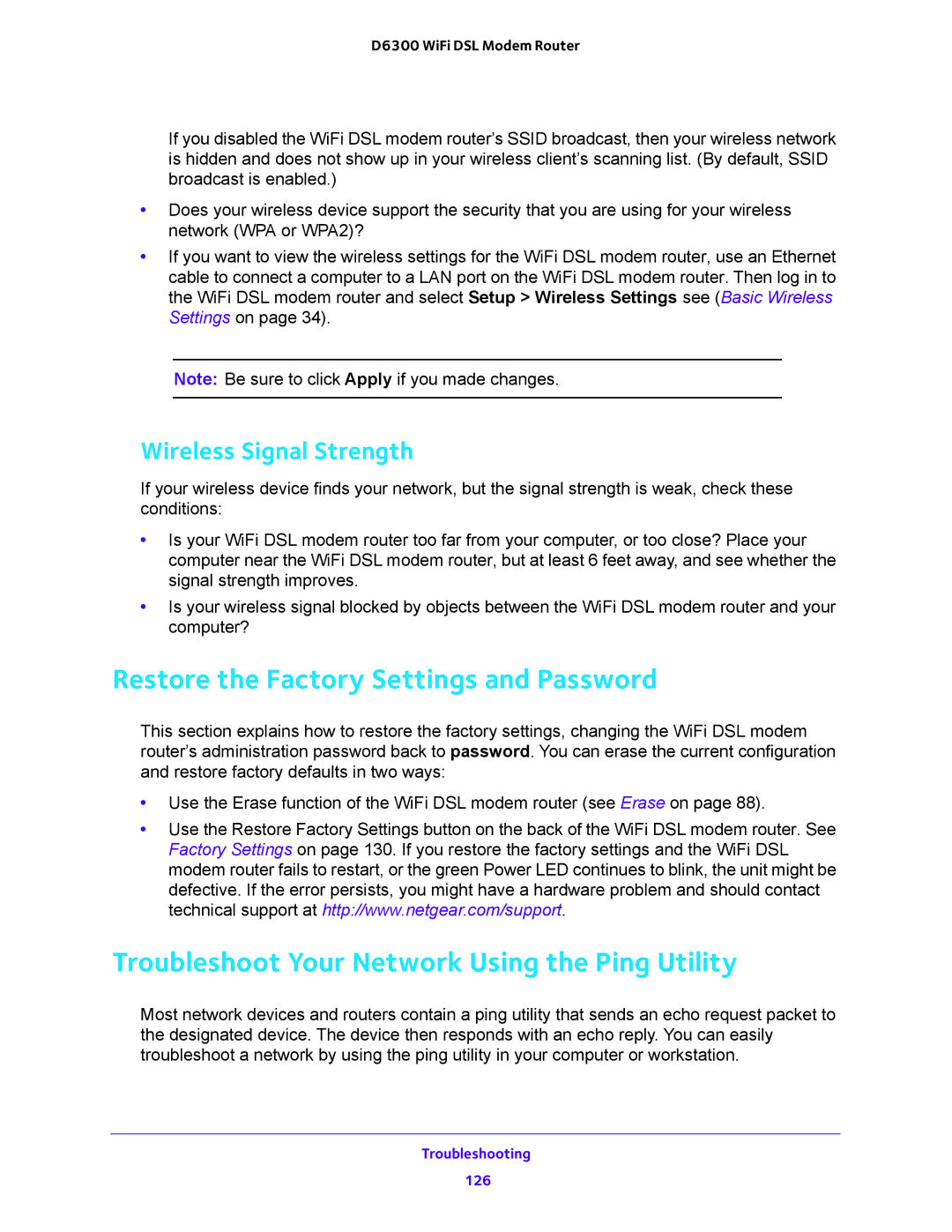 NETGEAR D6300 user manual Restore the Factory Settings and Password, Troubleshoot Your Network Using the Ping Utility 