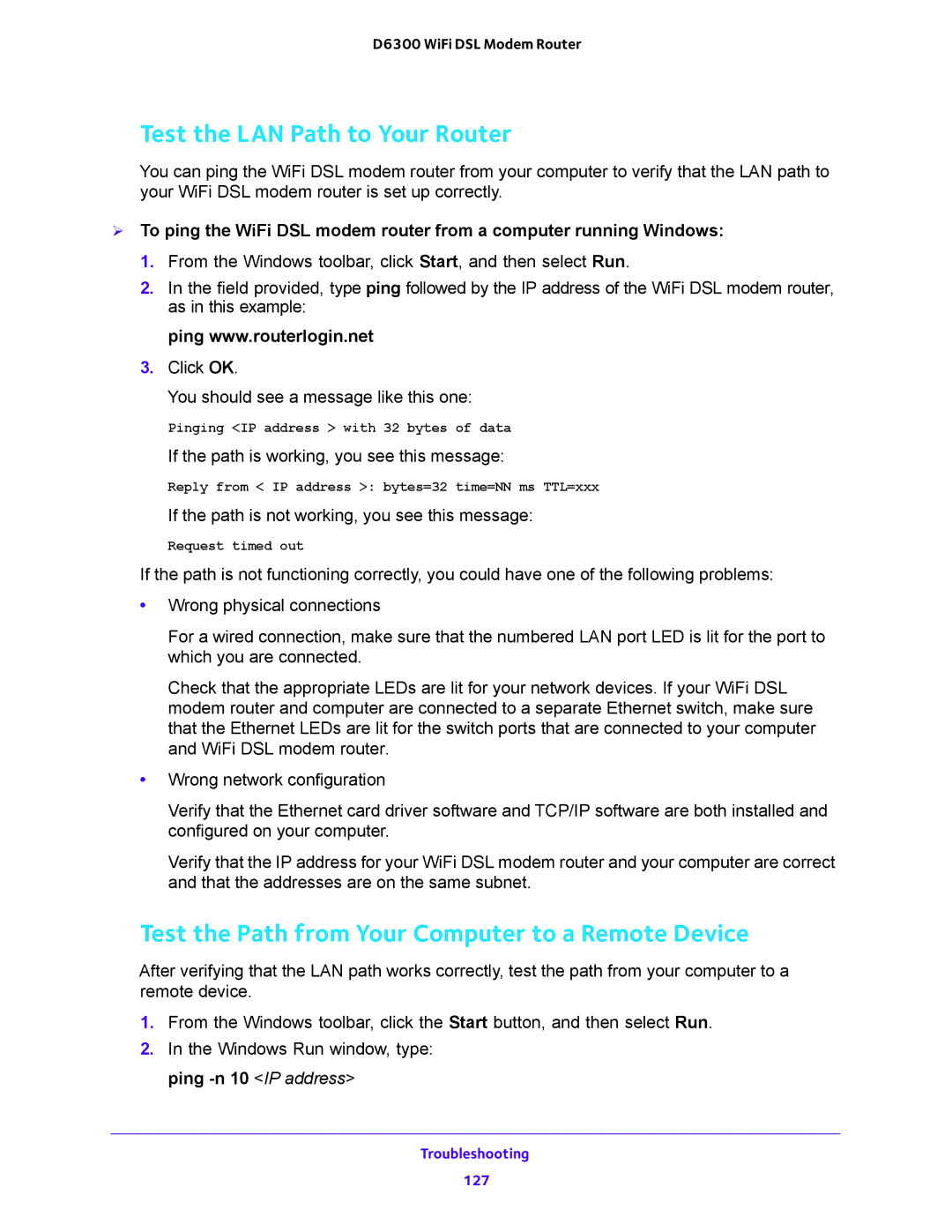 NETGEAR D6300 user manual Test the LAN Path to Your Router, Test the Path from Your Computer to a Remote Device 