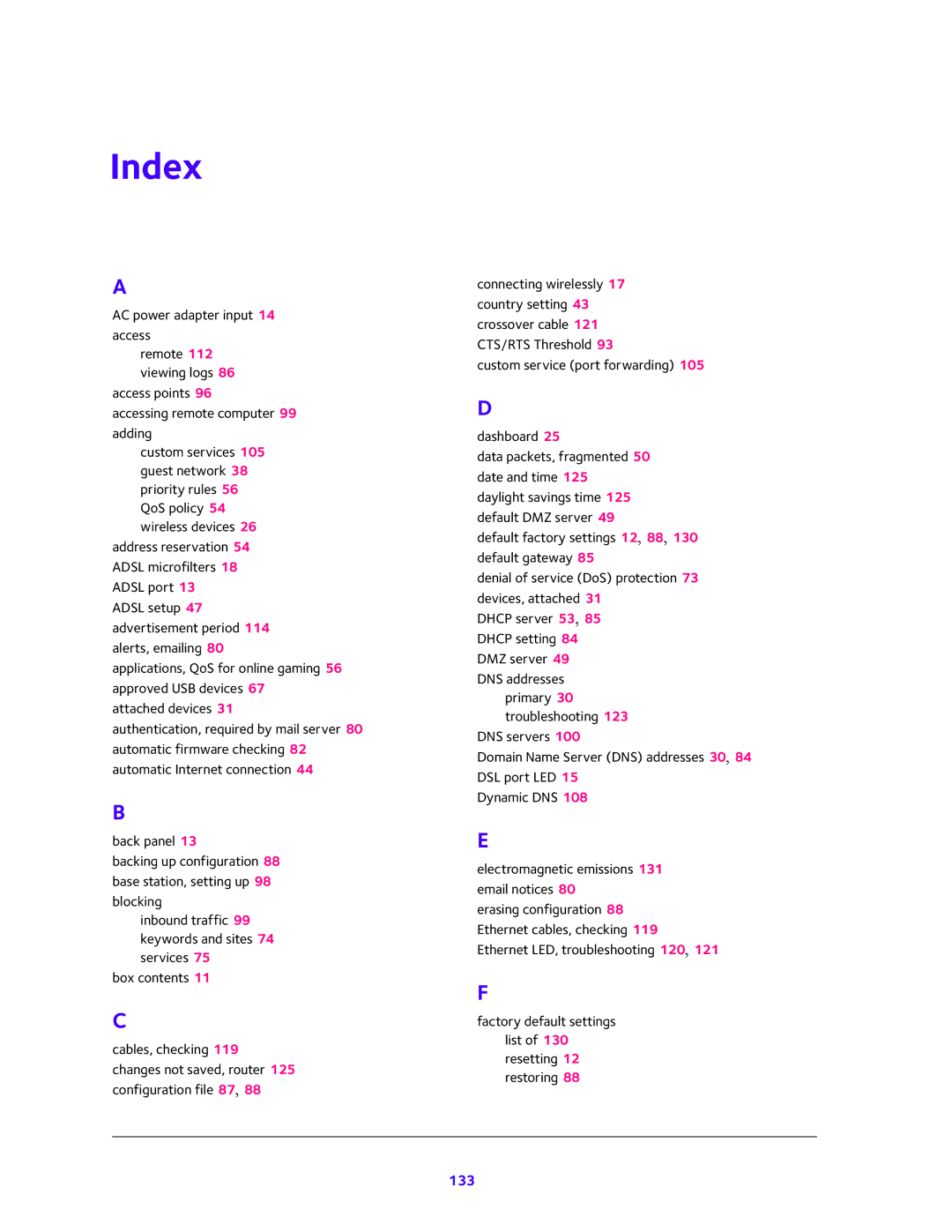 NETGEAR D6300 user manual Index, 133 