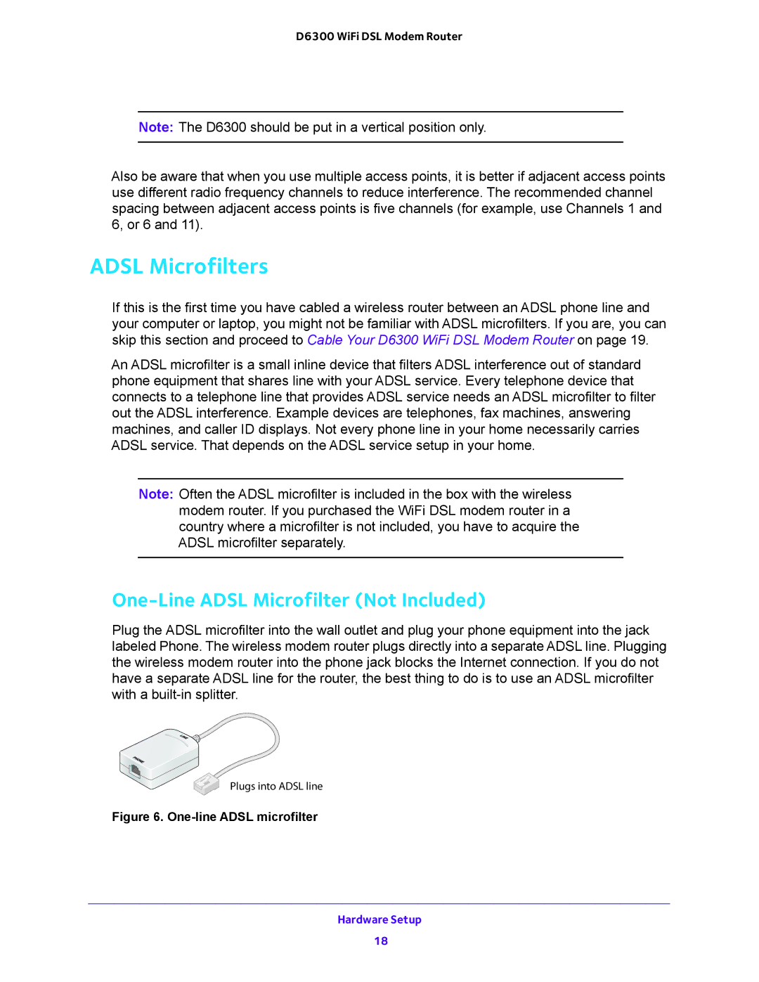 NETGEAR D6300 user manual Adsl Microfilters, One-Line Adsl Microfilter Not Included 