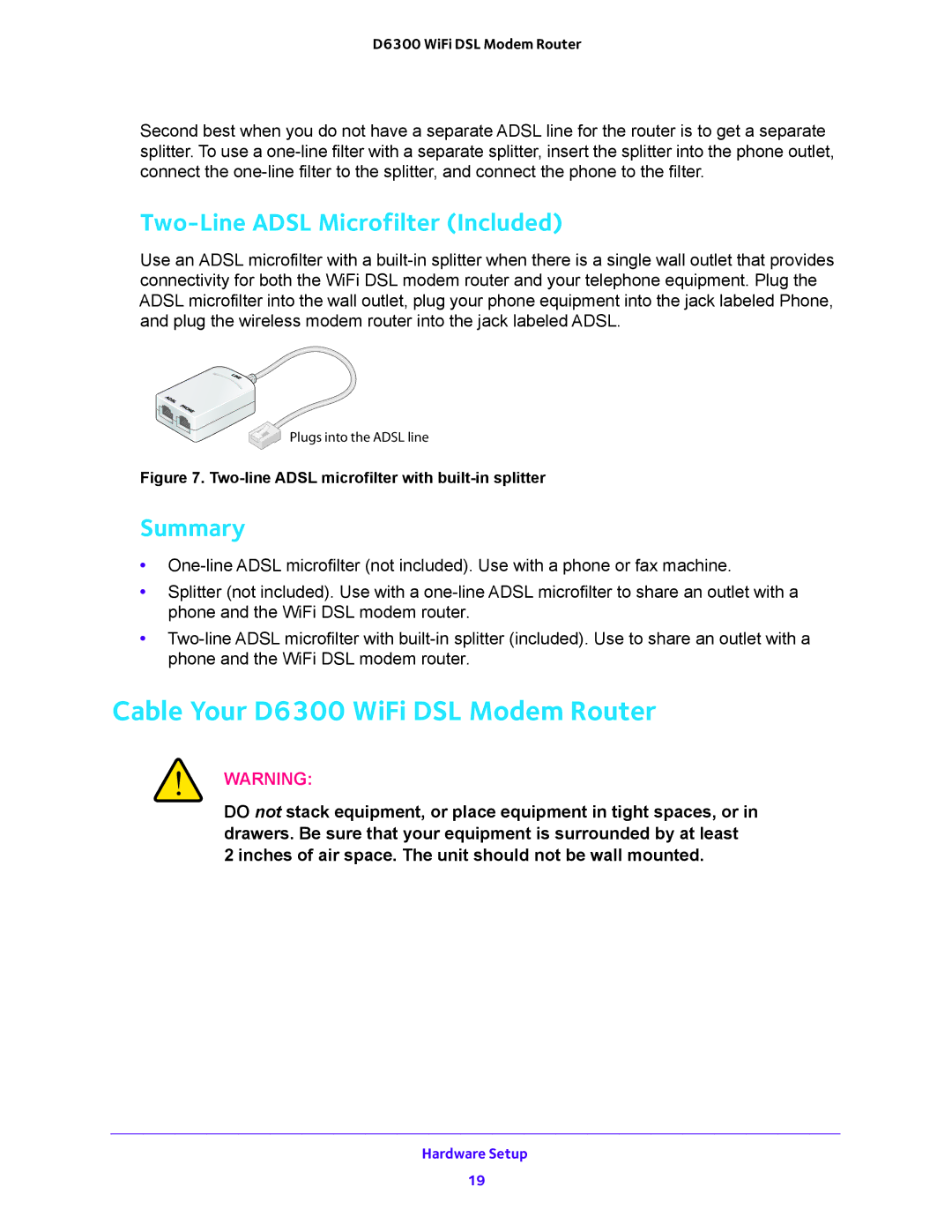 NETGEAR user manual Cable Your D6300 WiFi DSL Modem Router, Two-Line Adsl Microfilter Included, Summary 