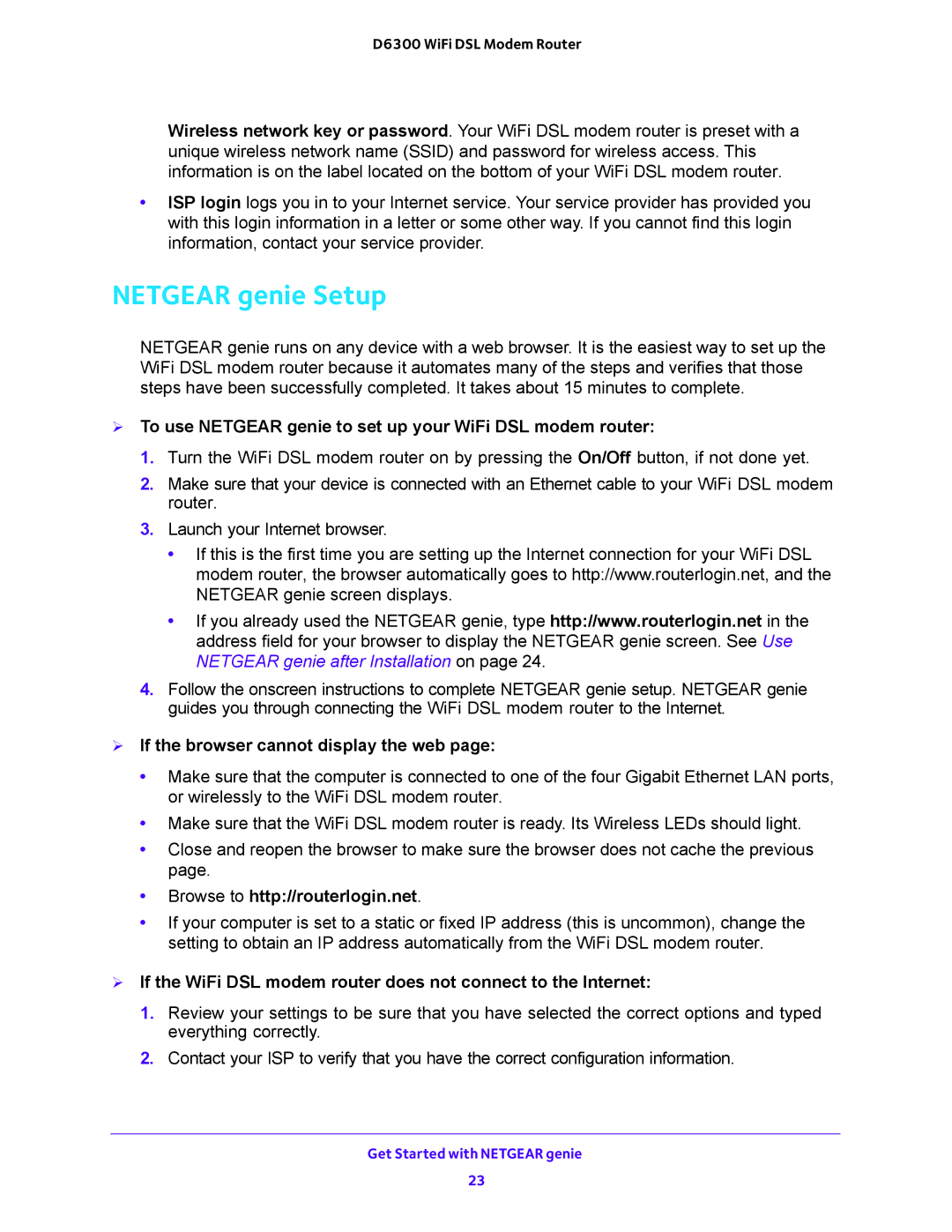 NETGEAR D6300 user manual Netgear genie Setup,  To use Netgear genie to set up your WiFi DSL modem router 