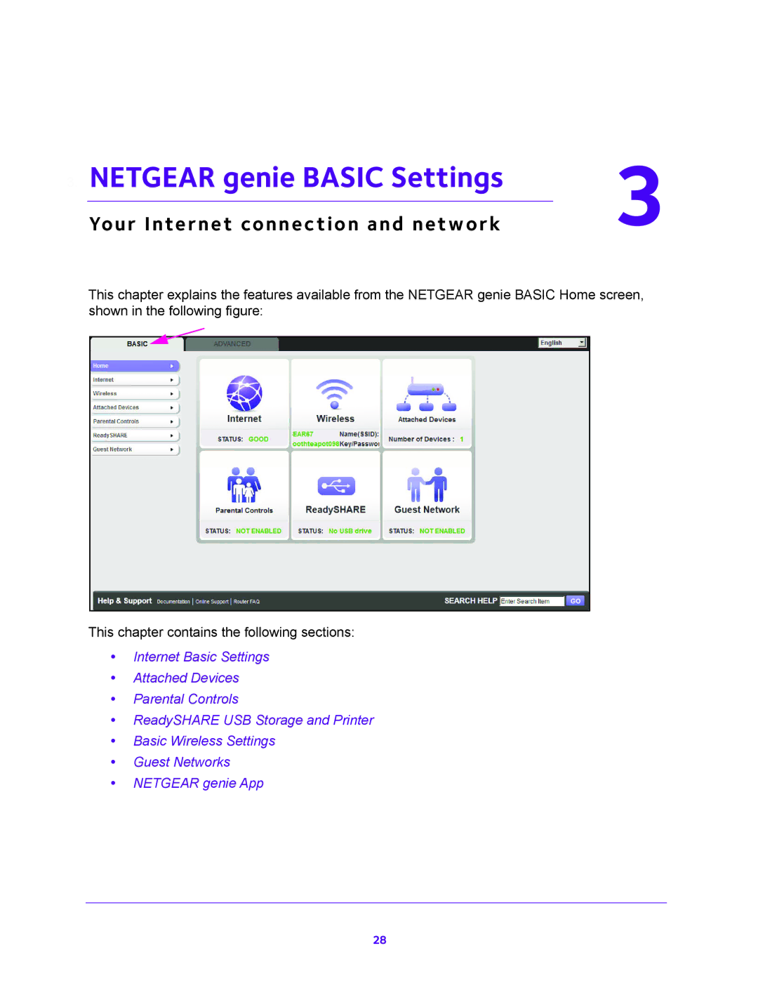 NETGEAR D6300 user manual Netgear genie Basic Settings, Your Internet connection and network 