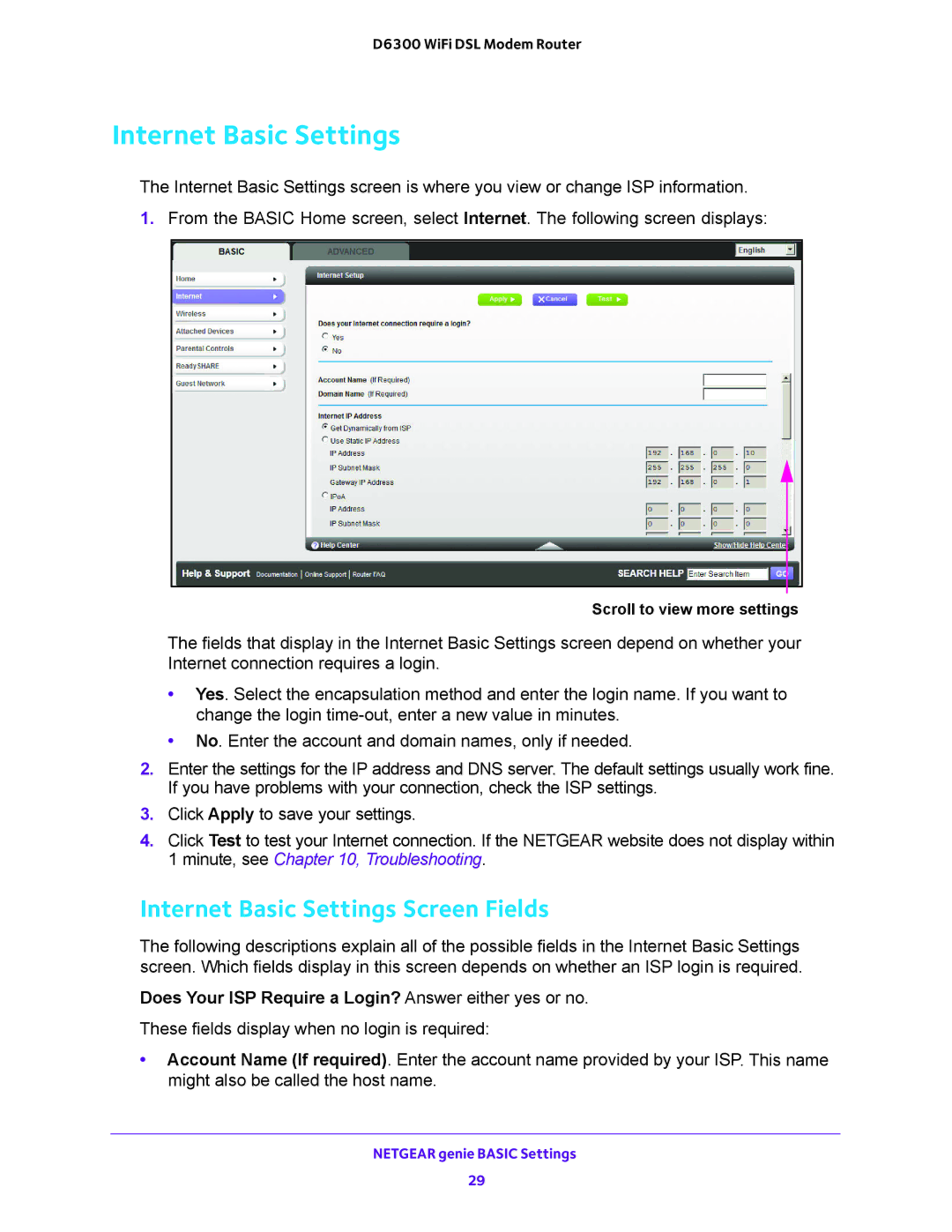 NETGEAR D6300 user manual Internet Basic Settings Screen Fields, Does Your ISP Require a Login? Answer either yes or no 