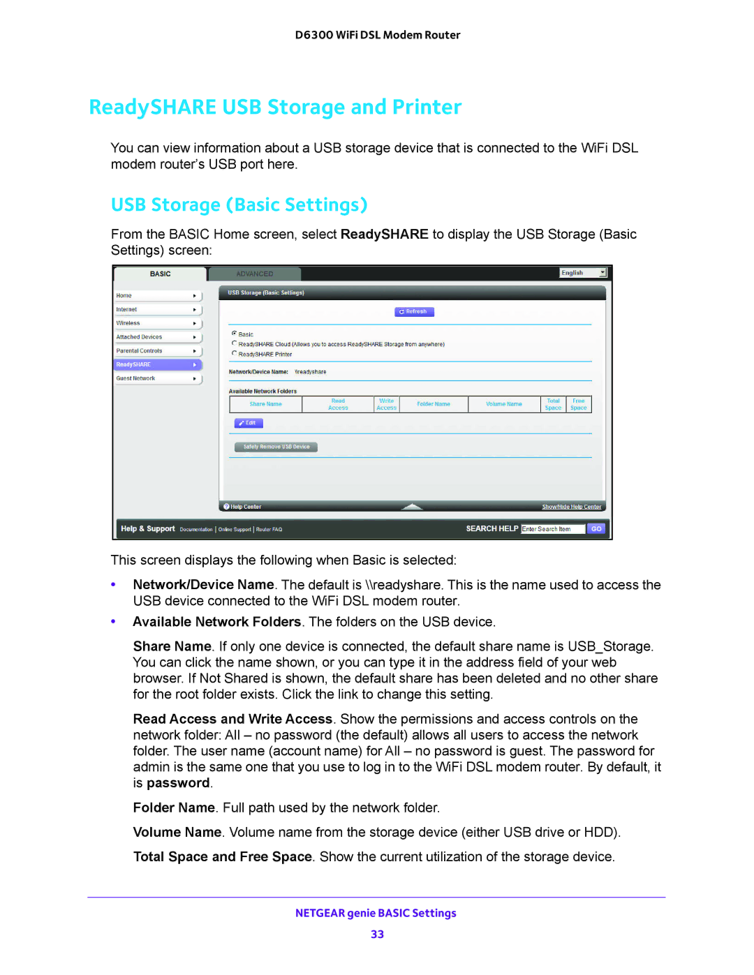 NETGEAR D6300 user manual ReadySHARE USB Storage and Printer, USB Storage Basic Settings 