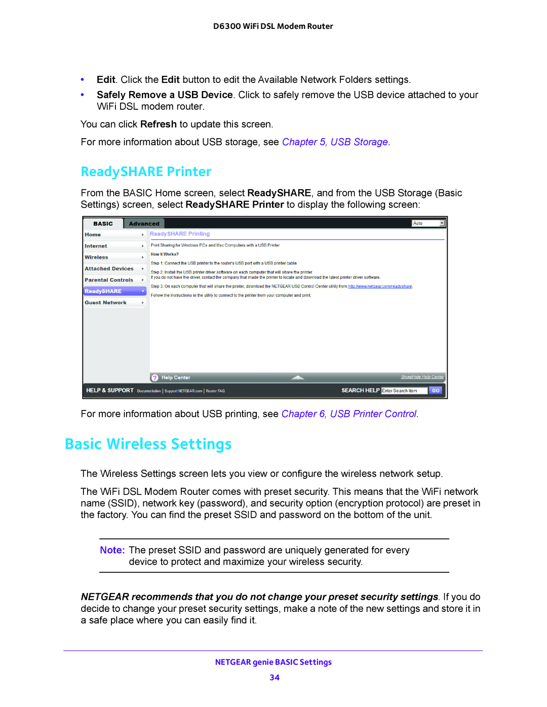 NETGEAR D6300 user manual Basic Wireless Settings, ReadySHARE Printer 