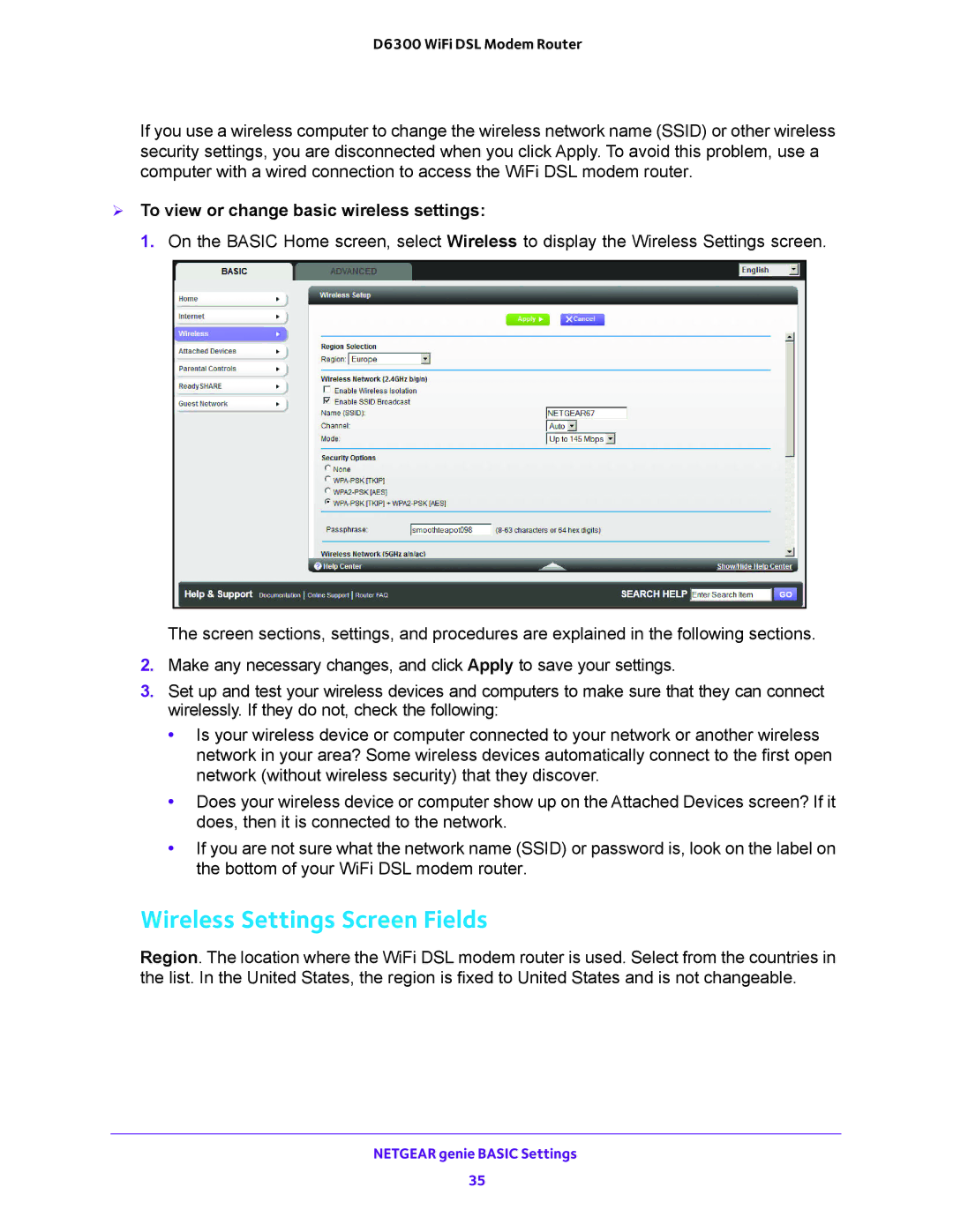 NETGEAR D6300 user manual Wireless Settings Screen Fields,  To view or change basic wireless settings 