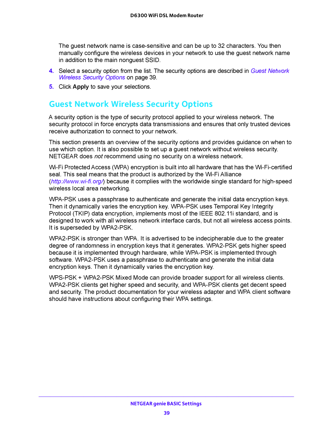 NETGEAR D6300 user manual Guest Network Wireless Security Options 