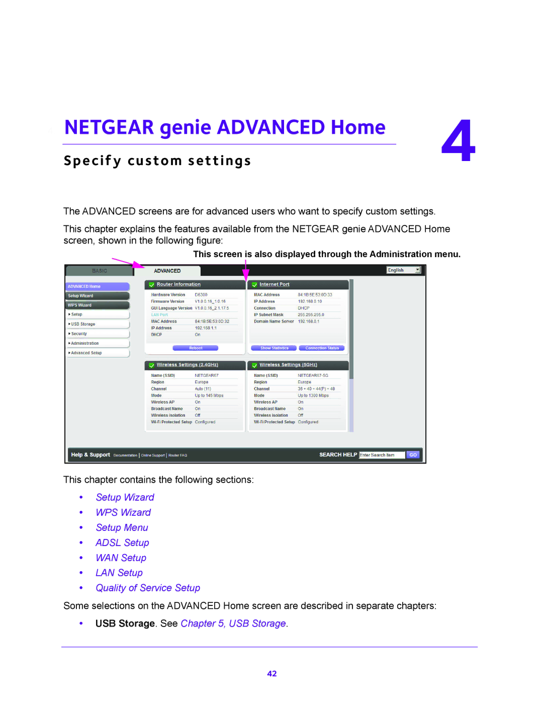 NETGEAR D6300 user manual Netgear genie Advanced Home, Specify custom settings 