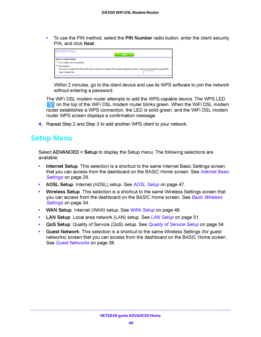 NETGEAR D6300 user manual Setup Menu 