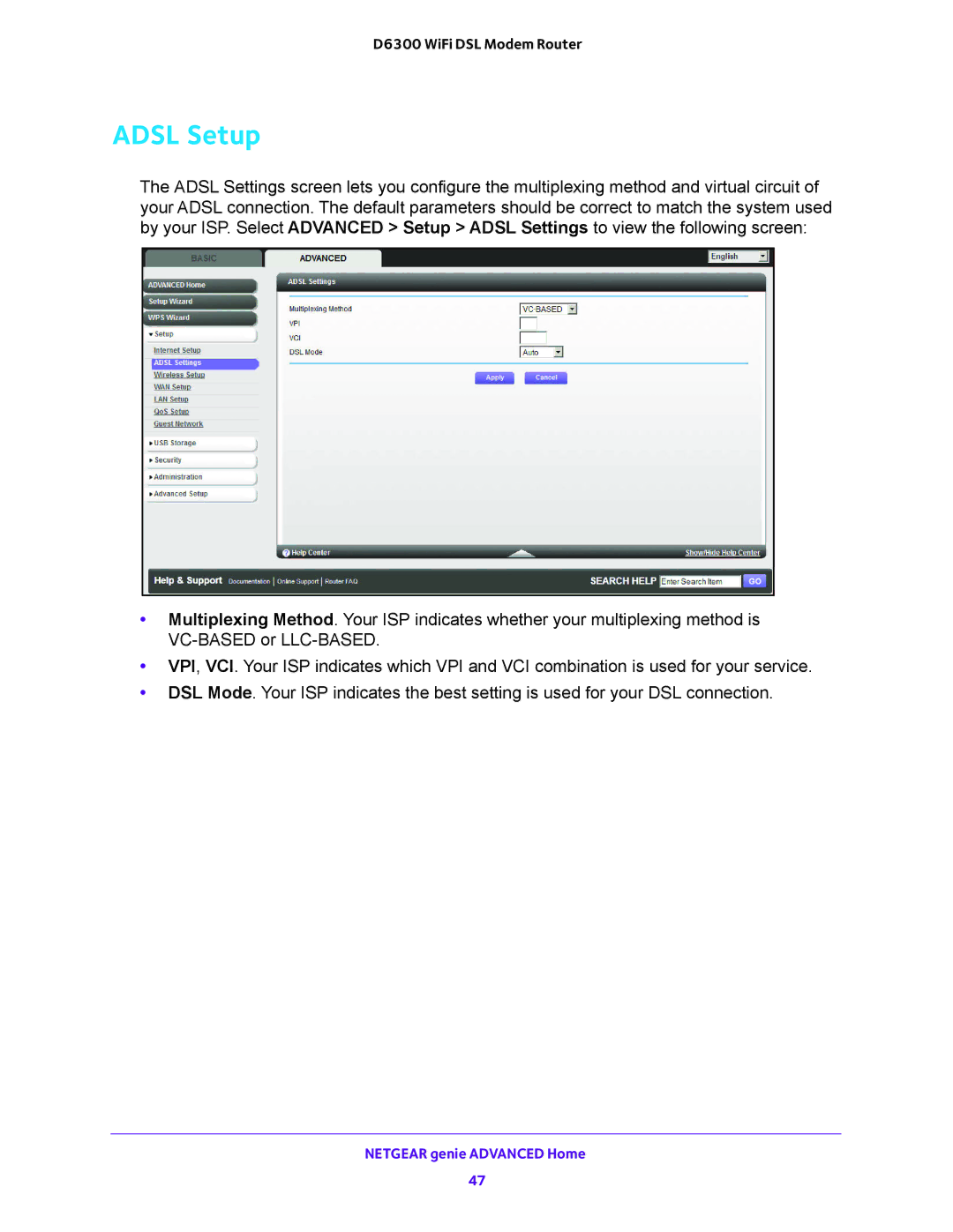 NETGEAR D6300 user manual Adsl Setup 