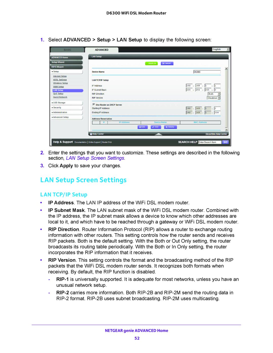 NETGEAR D6300 user manual LAN Setup Screen Settings, LAN TCP/IP Setup 