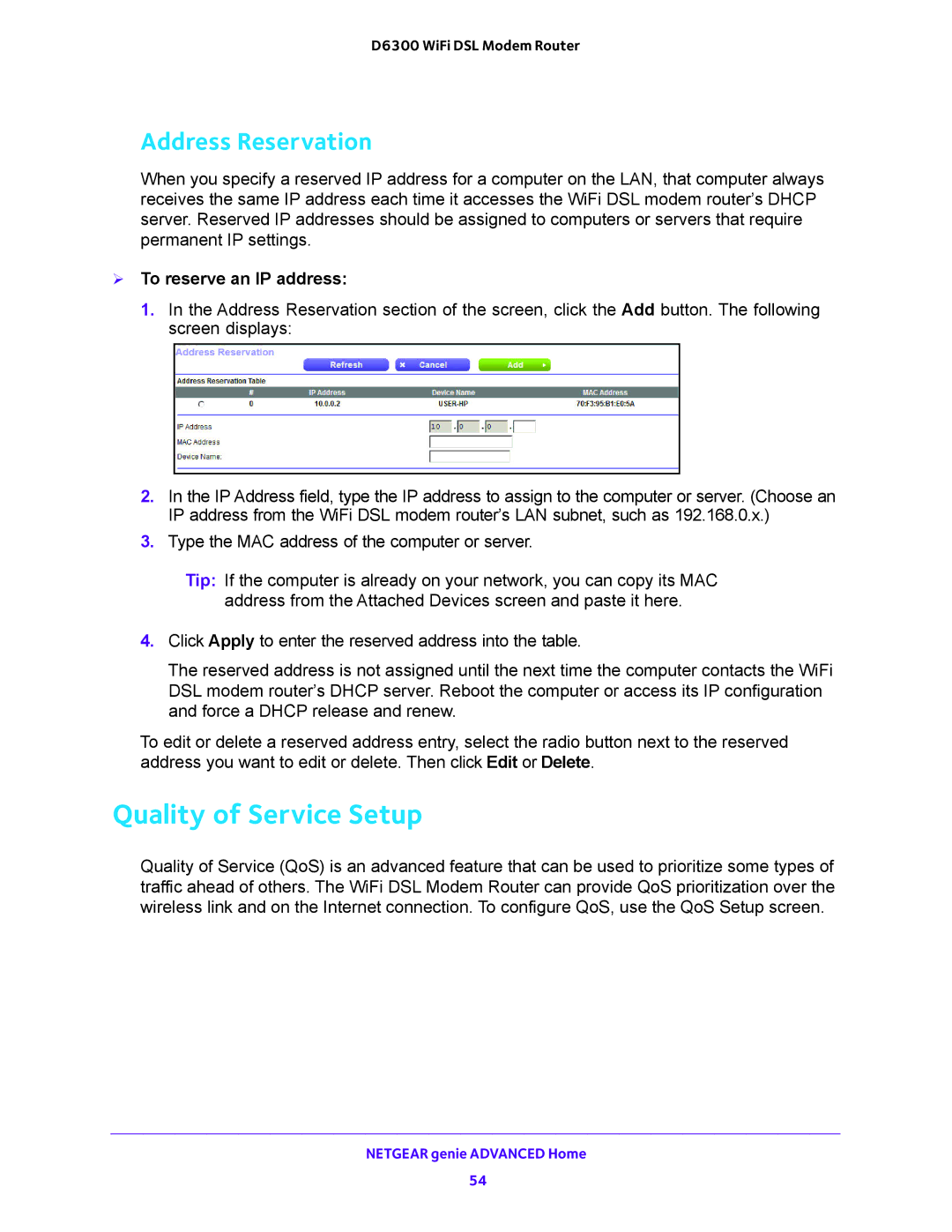 NETGEAR D6300 user manual Quality of Service Setup, Address Reservation,  To reserve an IP address 