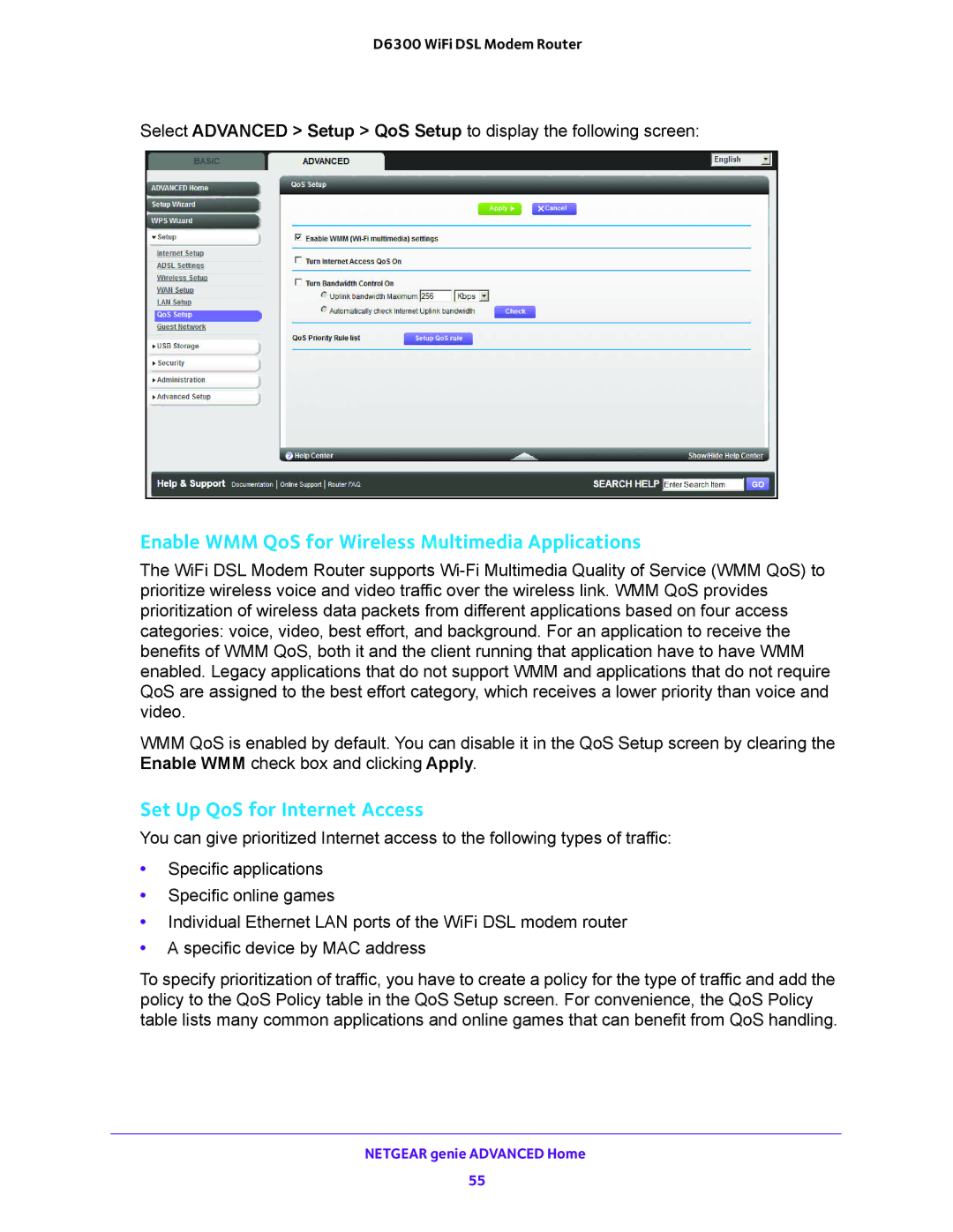 NETGEAR D6300 user manual Enable WMM QoS for Wireless Multimedia Applications, Set Up QoS for Internet Access 