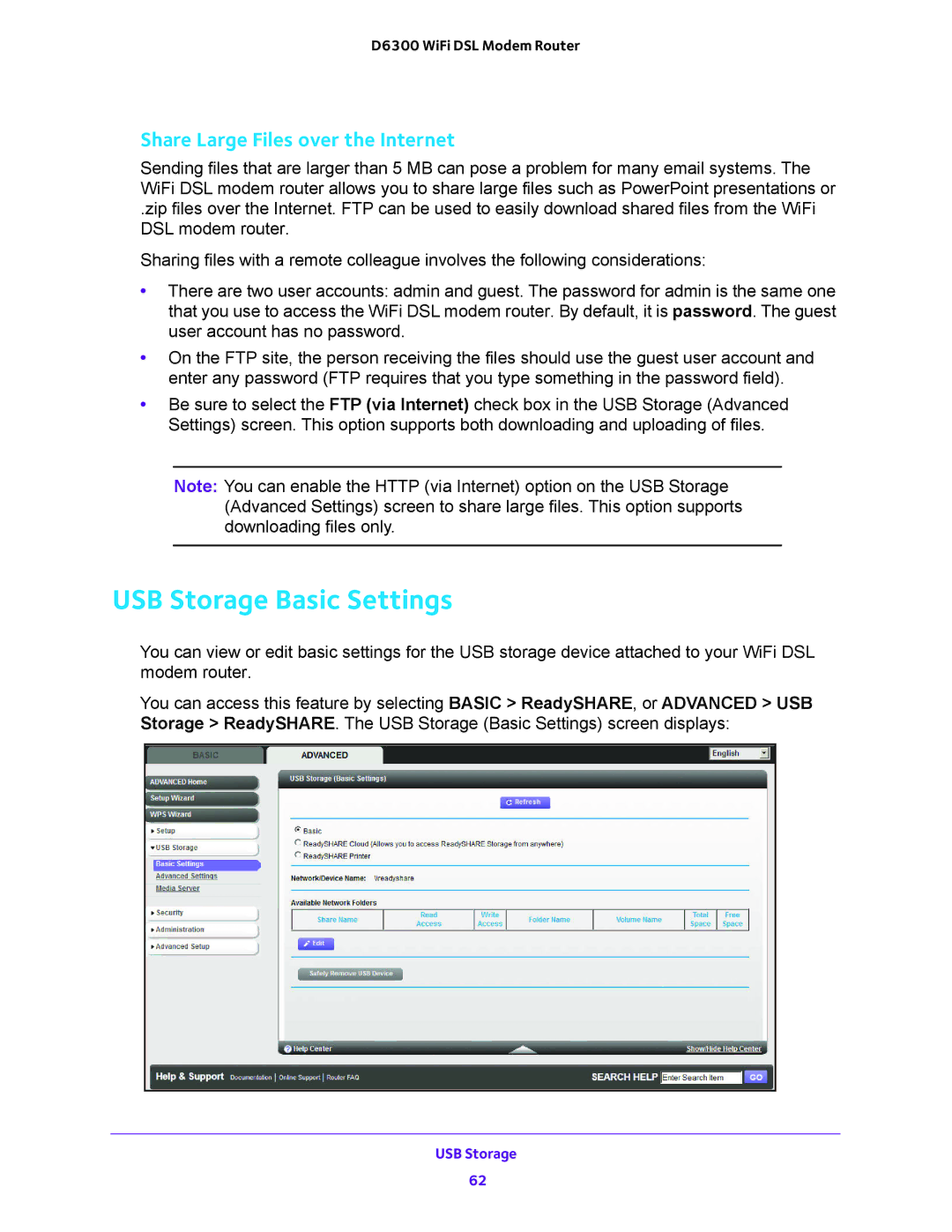 NETGEAR D6300 user manual USB Storage Basic Settings, Share Large Files over the Internet 