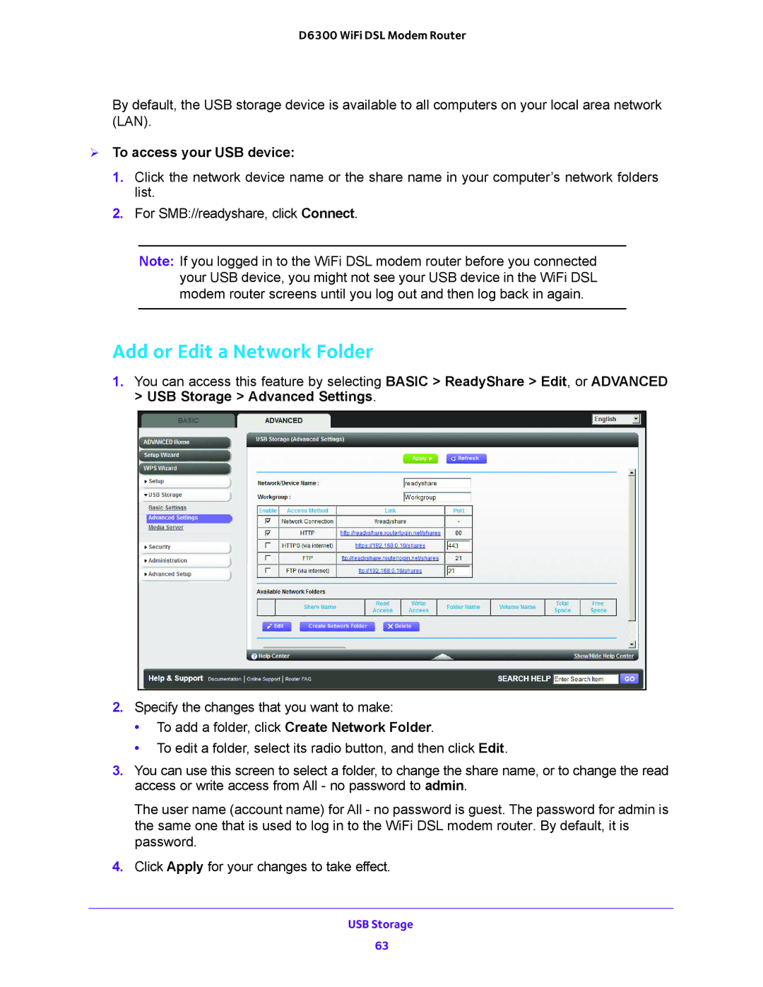 NETGEAR D6300 user manual Add or Edit a Network Folder,  To access your USB device 