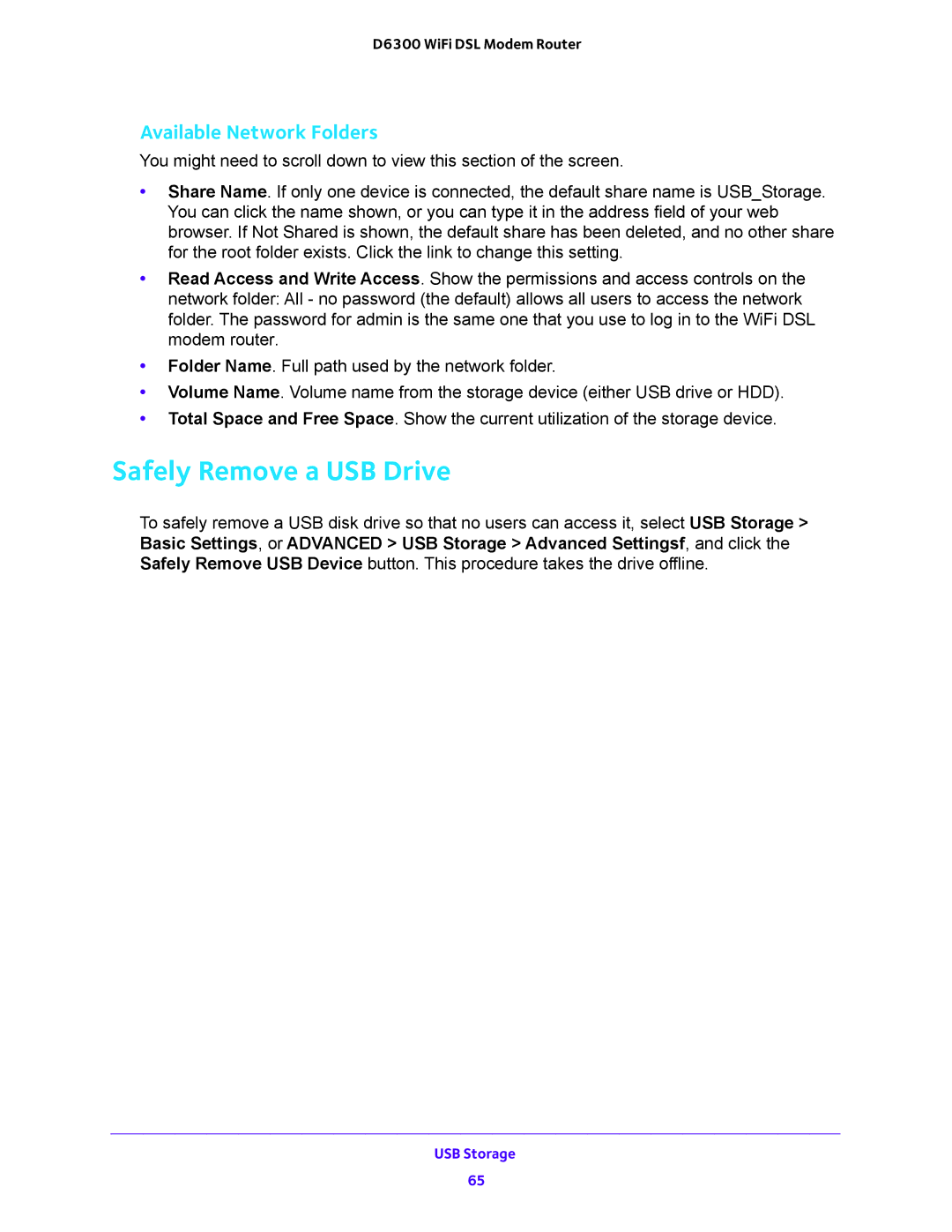 NETGEAR D6300 user manual Safely Remove a USB Drive, Available Network Folders 