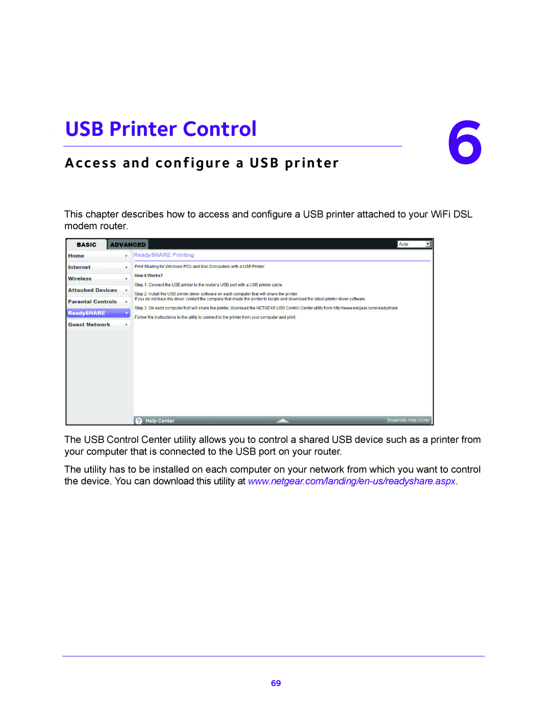 NETGEAR D6300 user manual USB Printer Control, Access and configure a USB printer 