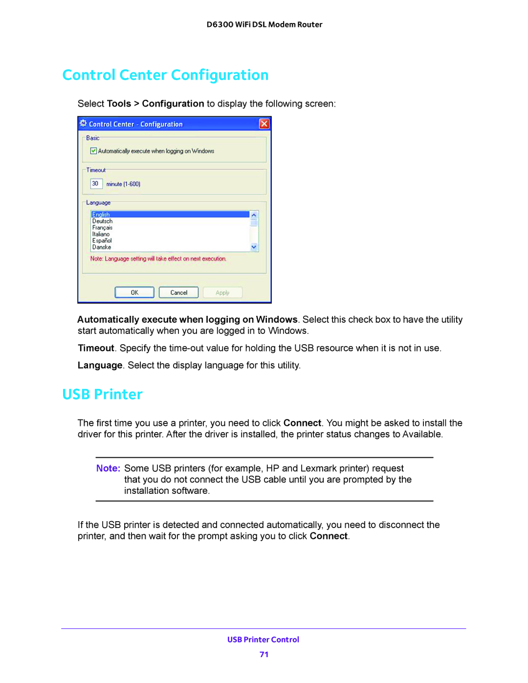 NETGEAR D6300 user manual Control Center Configuration, USB Printer 