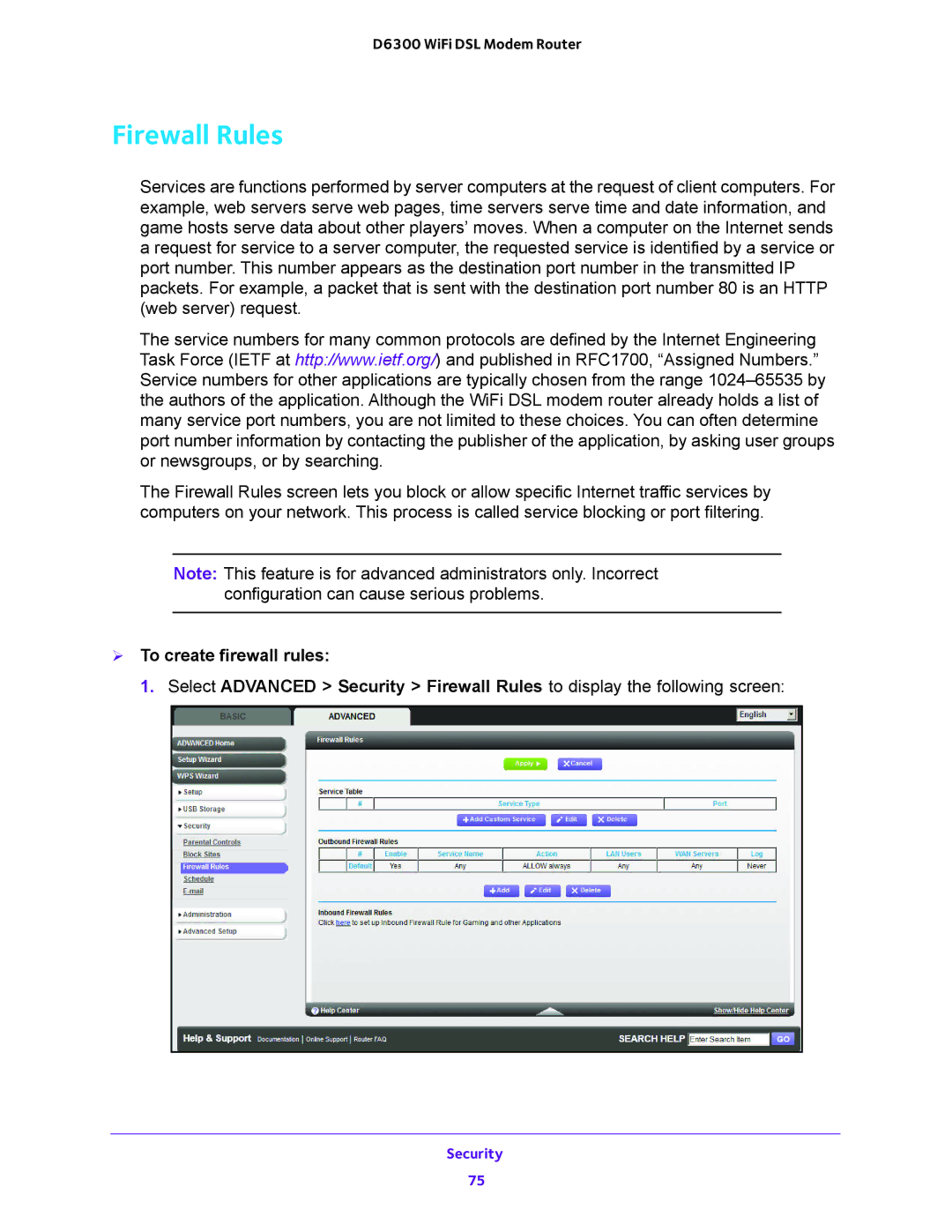 NETGEAR D6300 user manual Firewall Rules,  To create firewall rules 