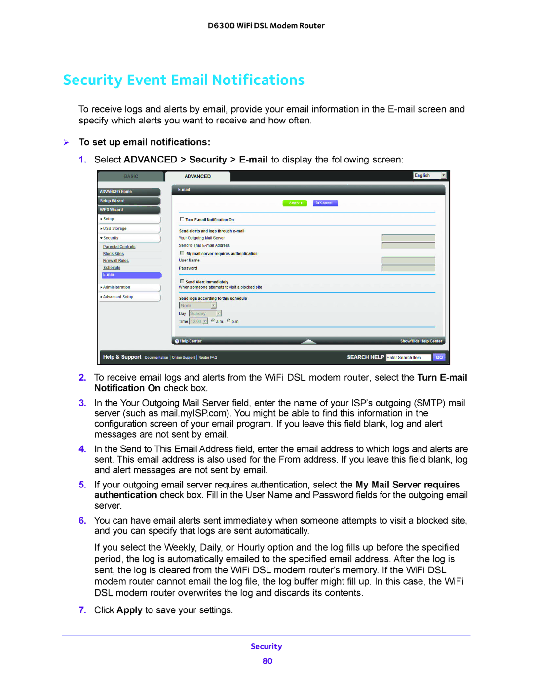 NETGEAR D6300 user manual Security Event Email Notifications,  To set up email notifications 