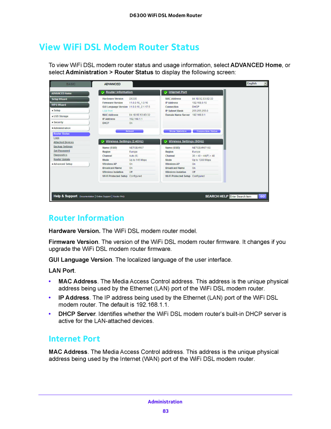 NETGEAR D6300 user manual View WiFi DSL Modem Router Status, Router Information, Internet Port, LAN Port 