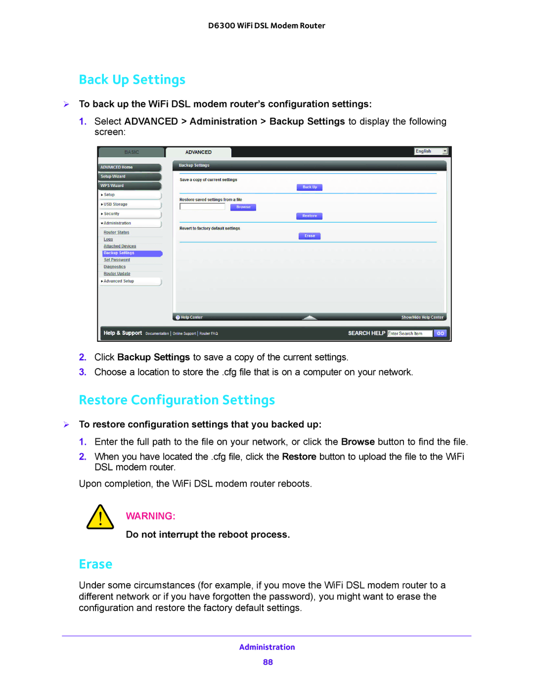 NETGEAR D6300 user manual Back Up Settings, Restore Configuration Settings, Erase, Do not interrupt the reboot process 