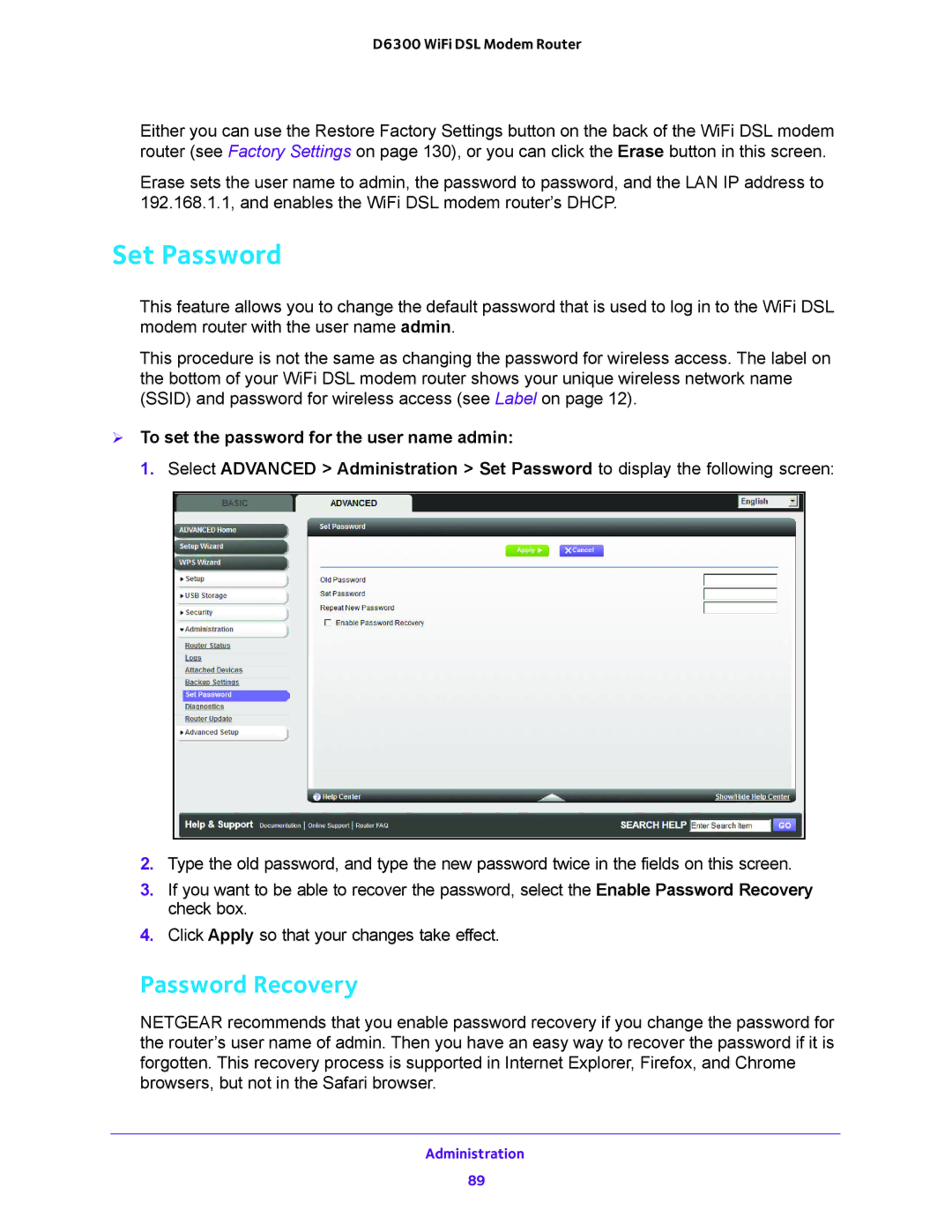 NETGEAR D6300 user manual Set Password, Password Recovery 