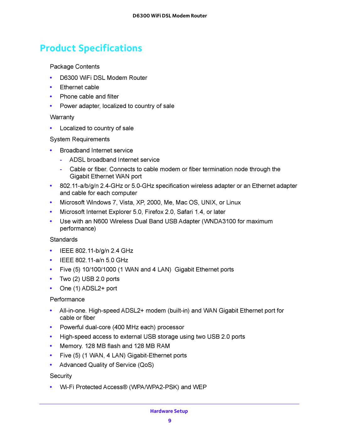 NETGEAR D6300 user manual Product Specifications 