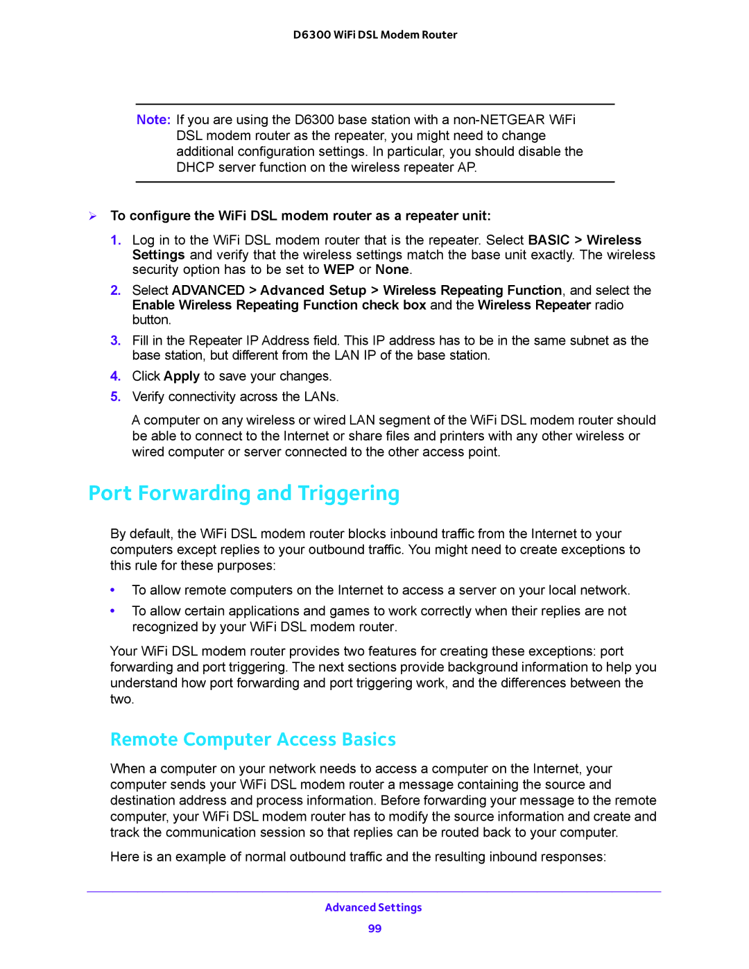 NETGEAR D6300 user manual Port Forwarding and Triggering, Remote Computer Access Basics 