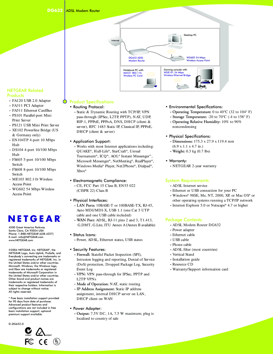 NETGEAR DG632 manual Netgear Related Products, Product Specifications, System Requirements, Package Contents 