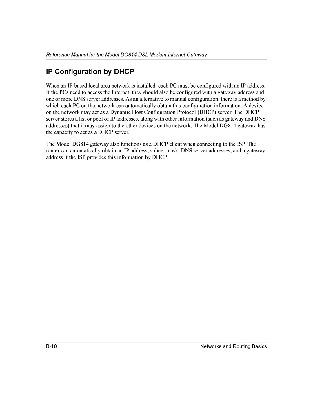 NETGEAR DG814 DSL manual IP Configuration by Dhcp 