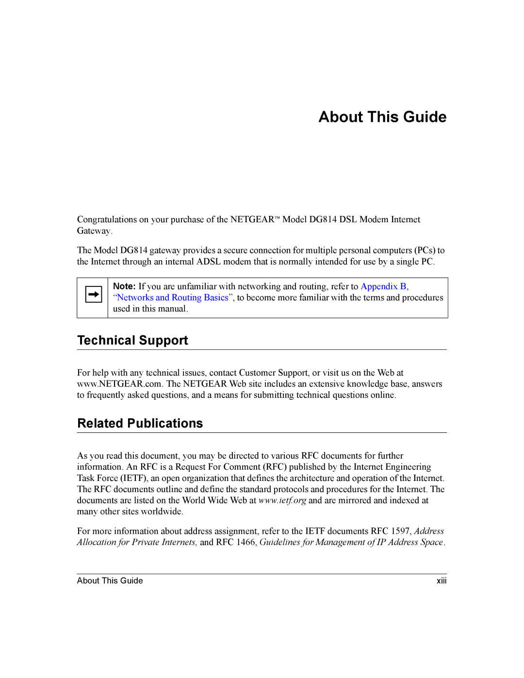 NETGEAR DG814 DSL manual About This Guide, Technical Support Related Publications 