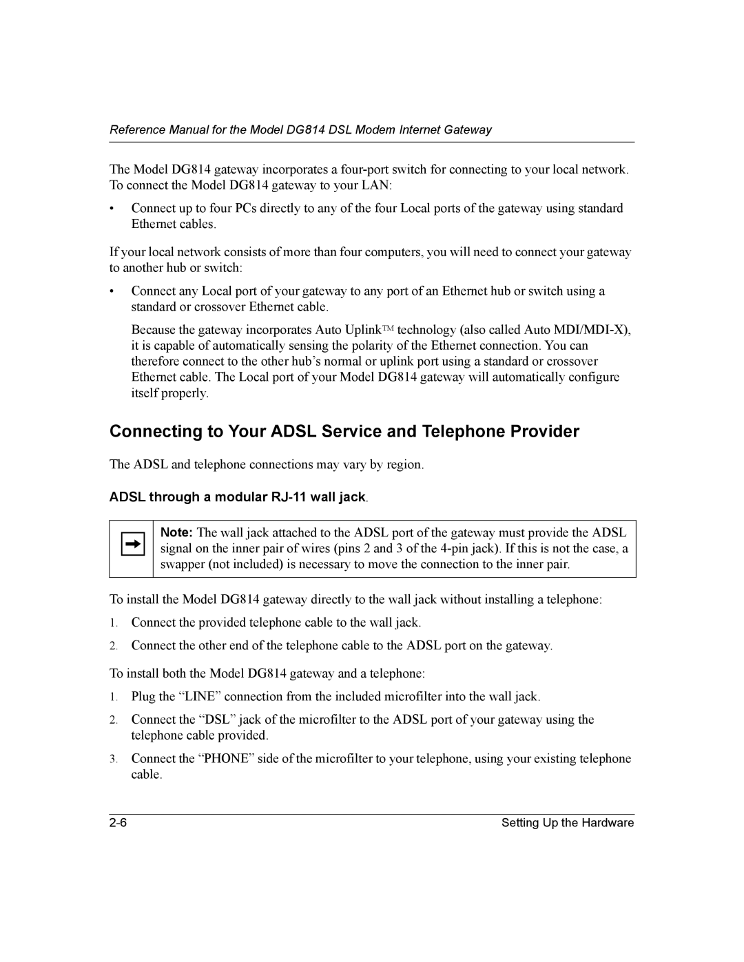 NETGEAR DG814 DSL manual Connecting to Your Adsl Service and Telephone Provider, Adsl through a modular RJ-11 wall jack 