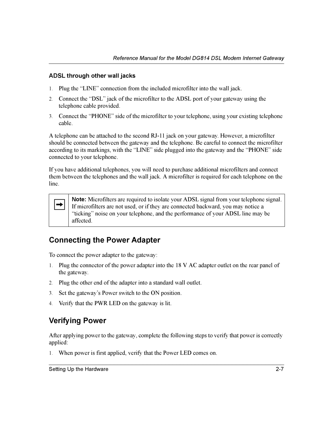 NETGEAR DG814 DSL manual Connecting the Power Adapter, Verifying Power, Adsl through other wall jacks 