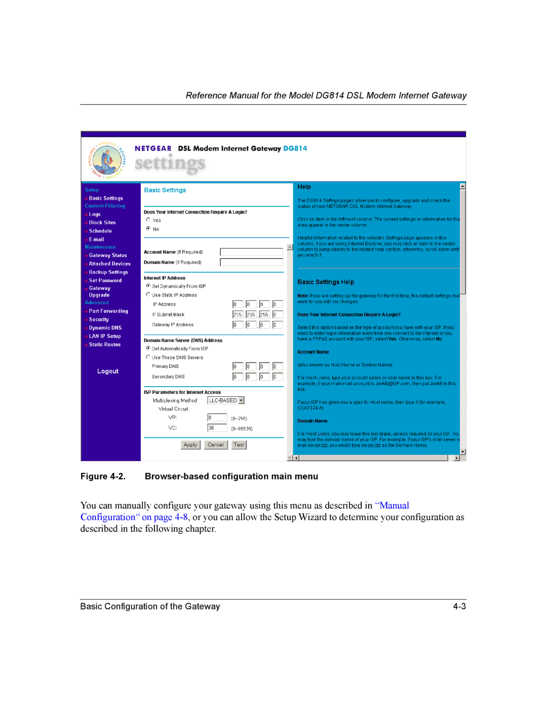 NETGEAR DG814 DSL manual Browser-based configuration main menu 