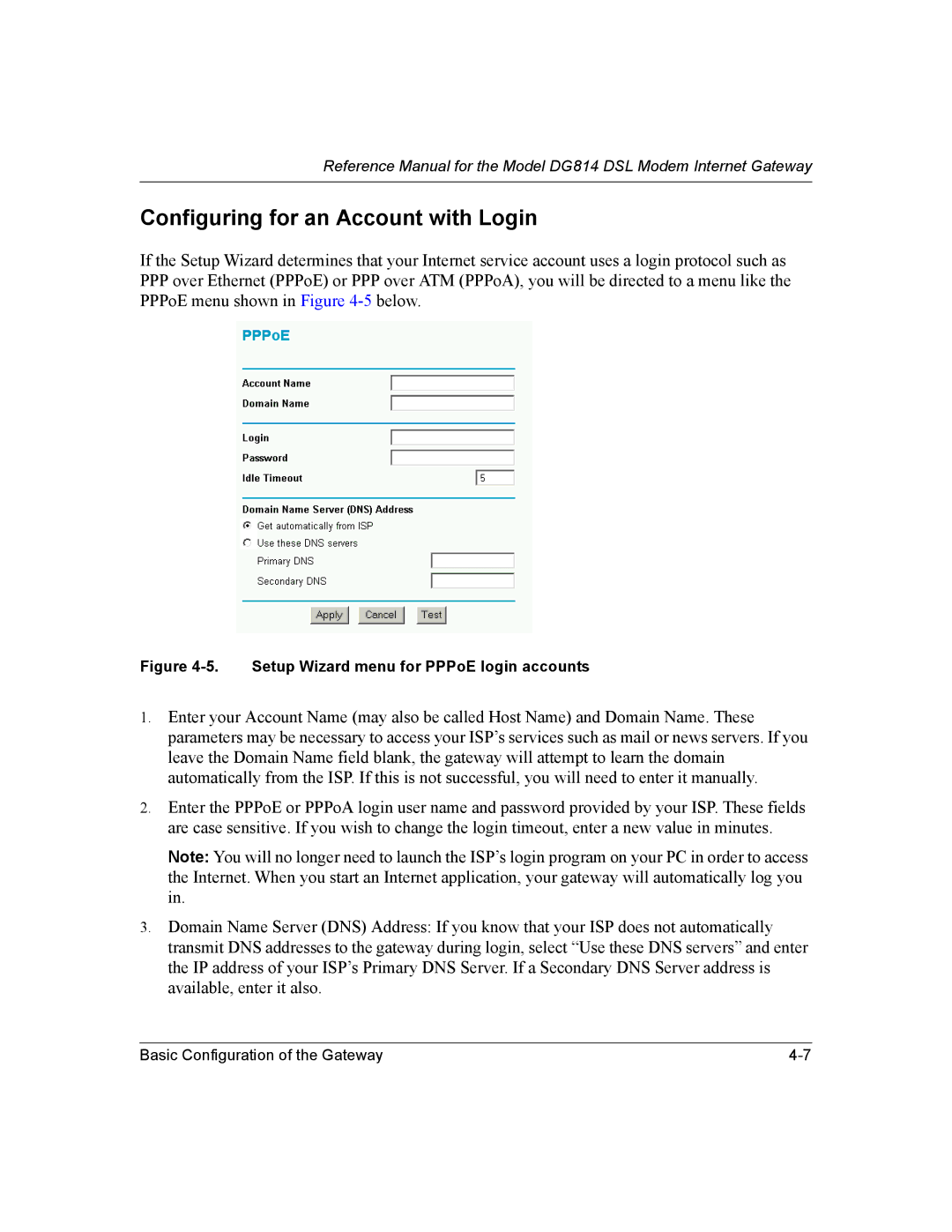 NETGEAR DG814 DSL manual Configuring for an Account with Login, Setup Wizard menu for PPPoE login accounts 