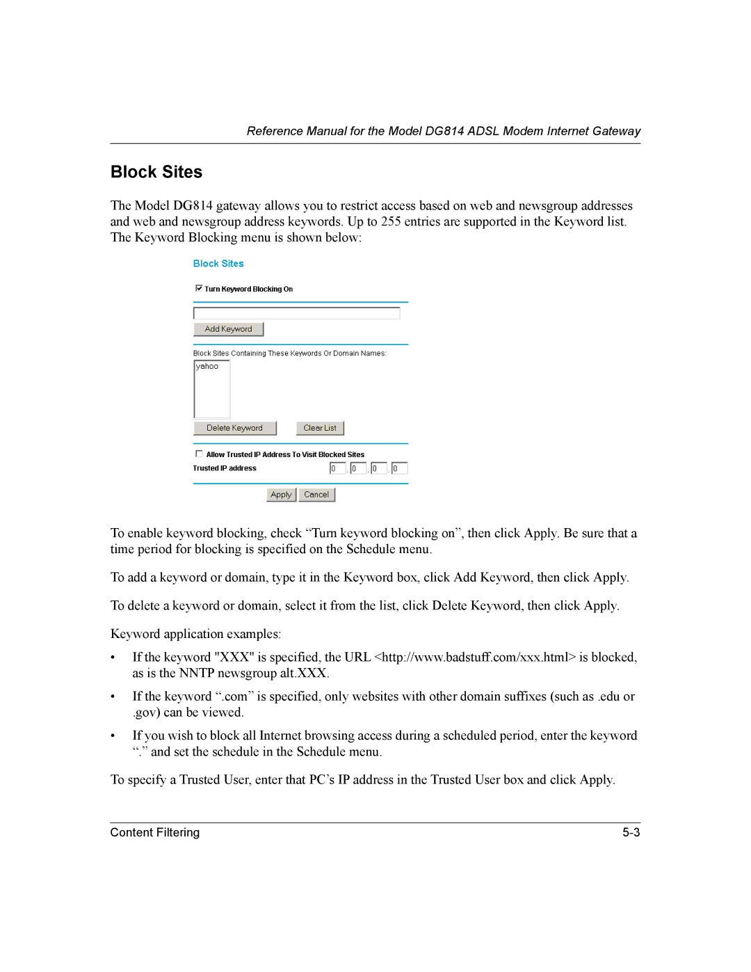 NETGEAR DG814 DSL manual Block Sites 