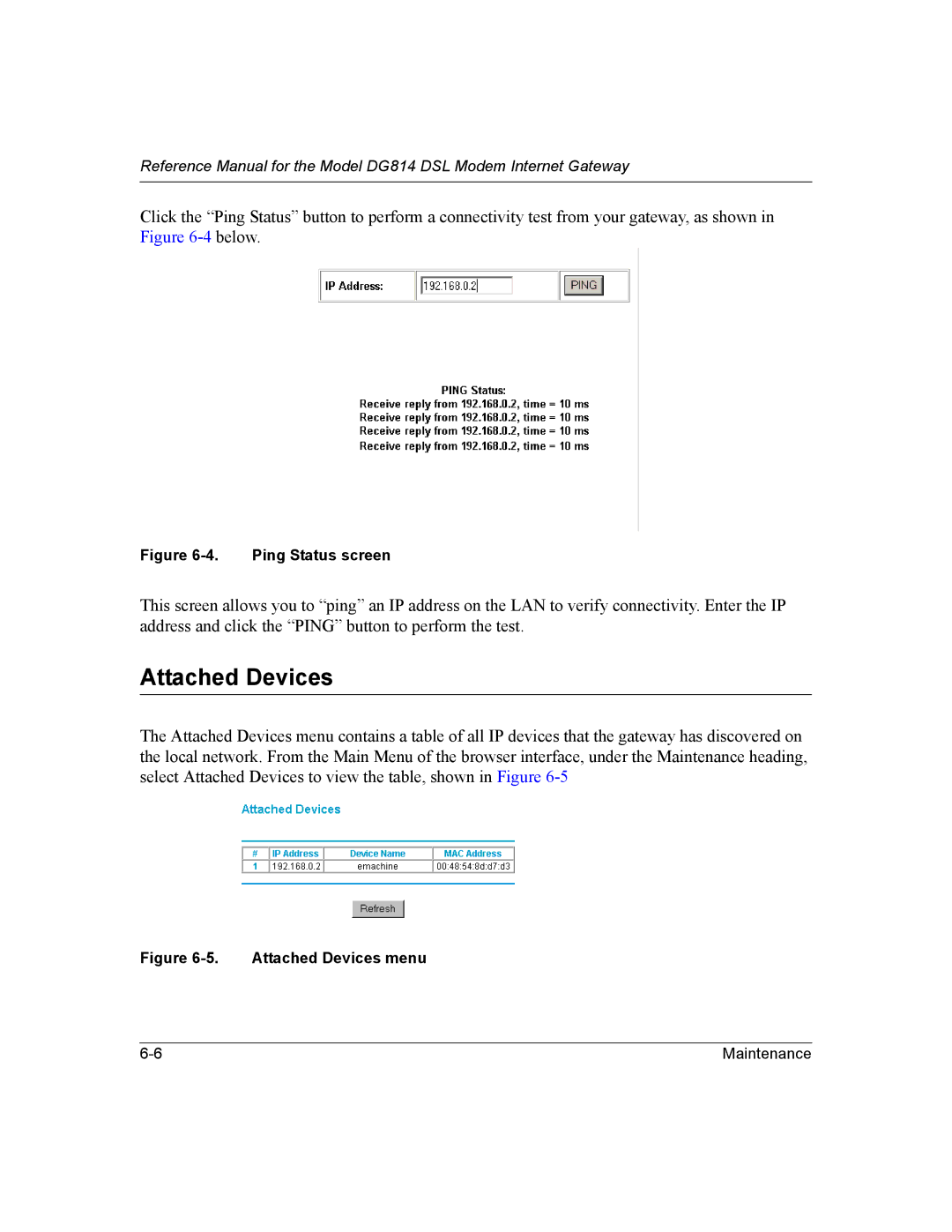 NETGEAR DG814 DSL manual Attached Devices, Ping Status screen 