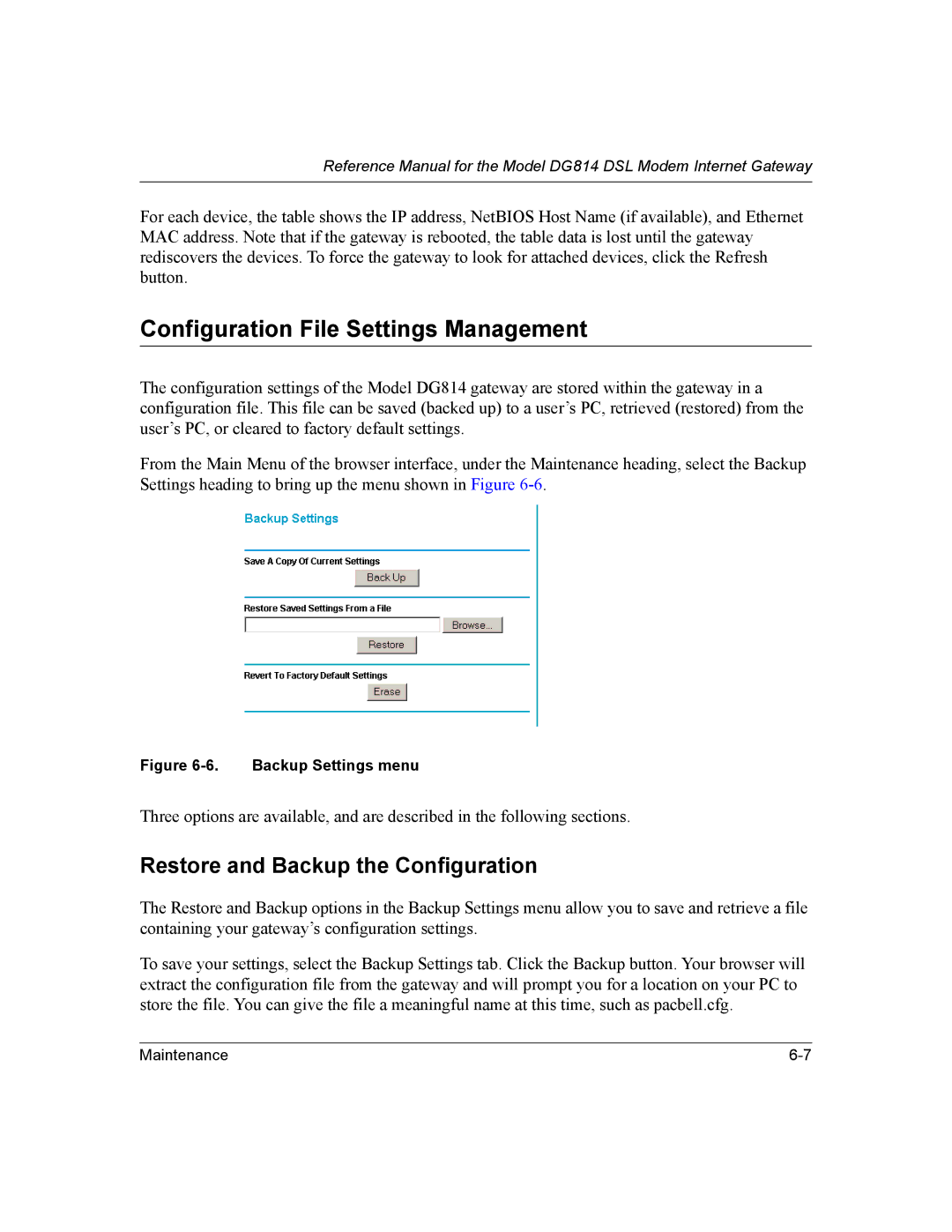 NETGEAR DG814 DSL manual Configuration File Settings Management, Restore and Backup the Configuration 