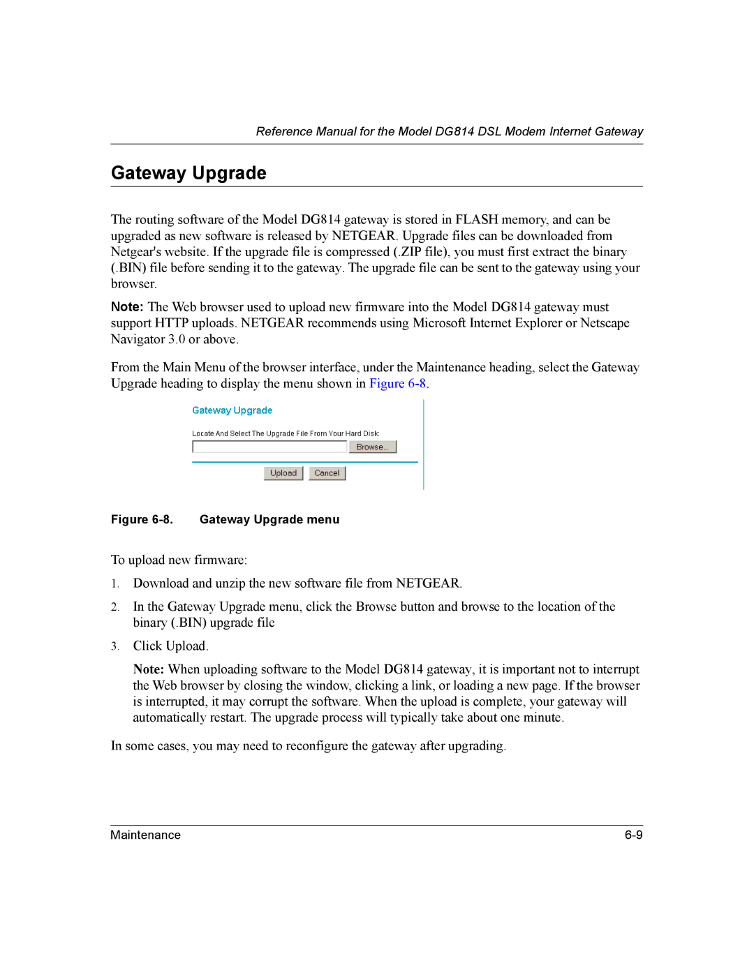 NETGEAR DG814 DSL manual Gateway Upgrade menu 