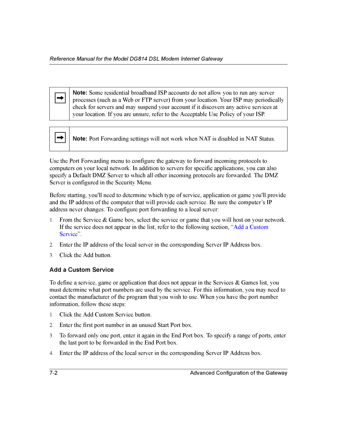 NETGEAR DG814 DSL manual Add a Custom Service 