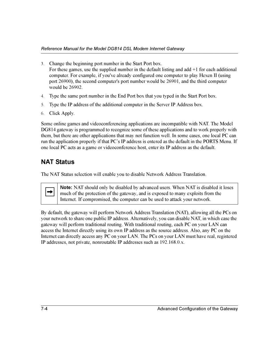 NETGEAR DG814 DSL manual NAT Status 