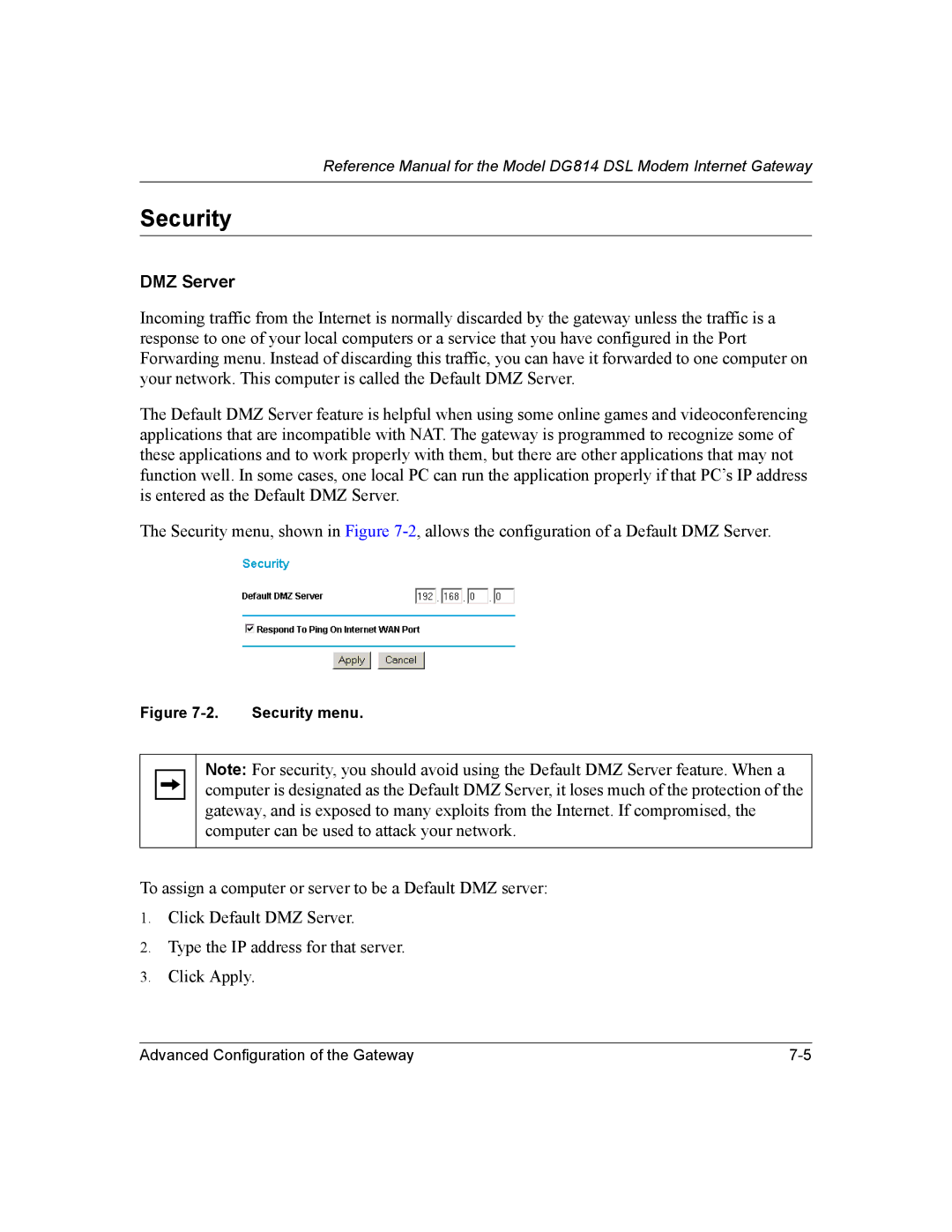 NETGEAR DG814 DSL manual Security, DMZ Server 