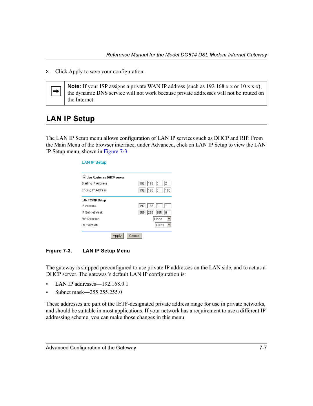 NETGEAR DG814 DSL manual LAN IP Setup Menu 