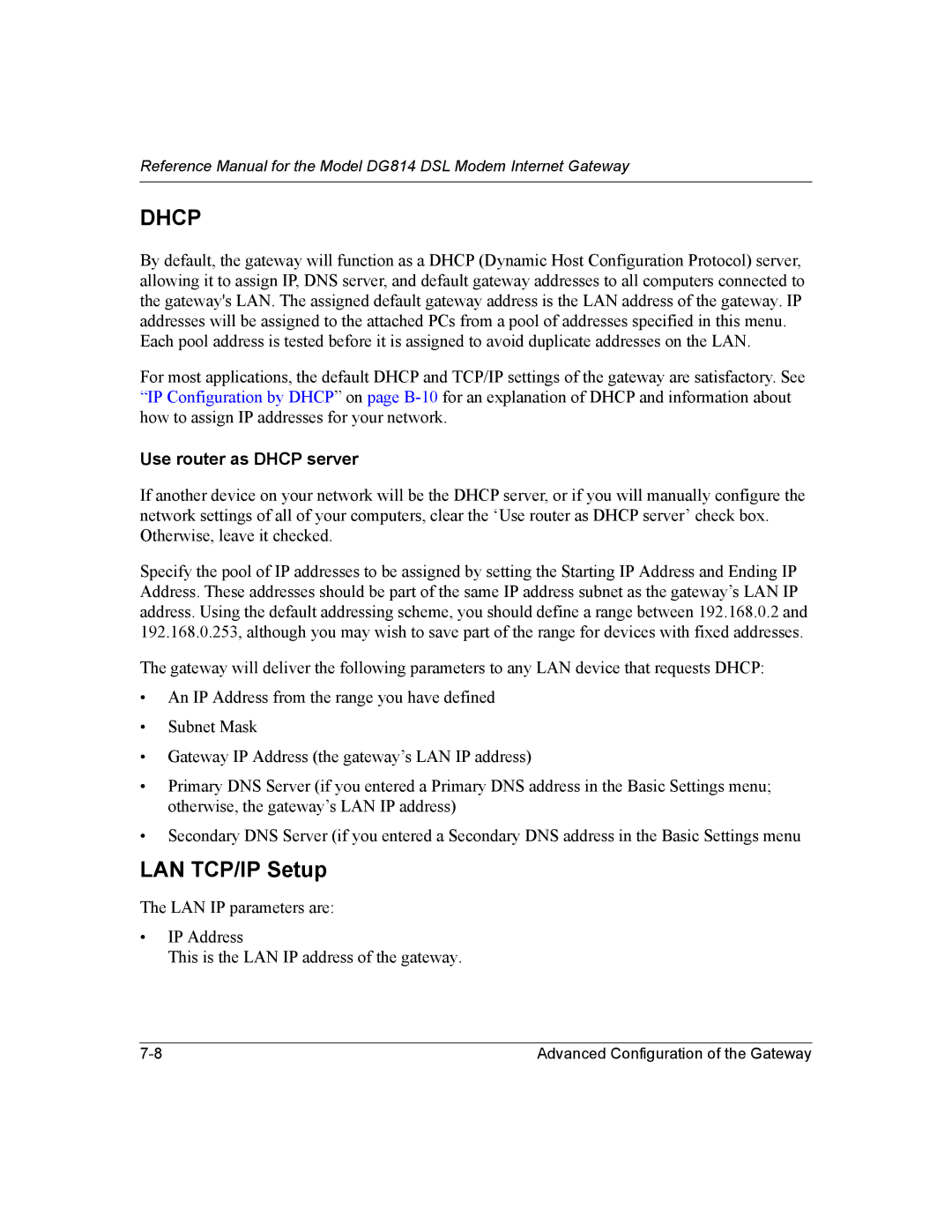 NETGEAR DG814 DSL manual LAN TCP/IP Setup, Use router as Dhcp server 