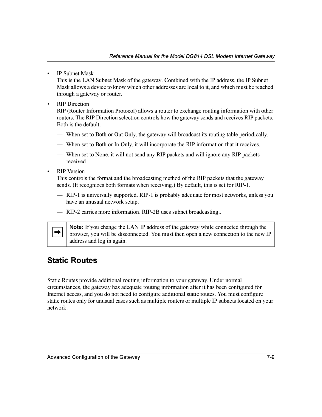 NETGEAR DG814 DSL manual Static Routes 