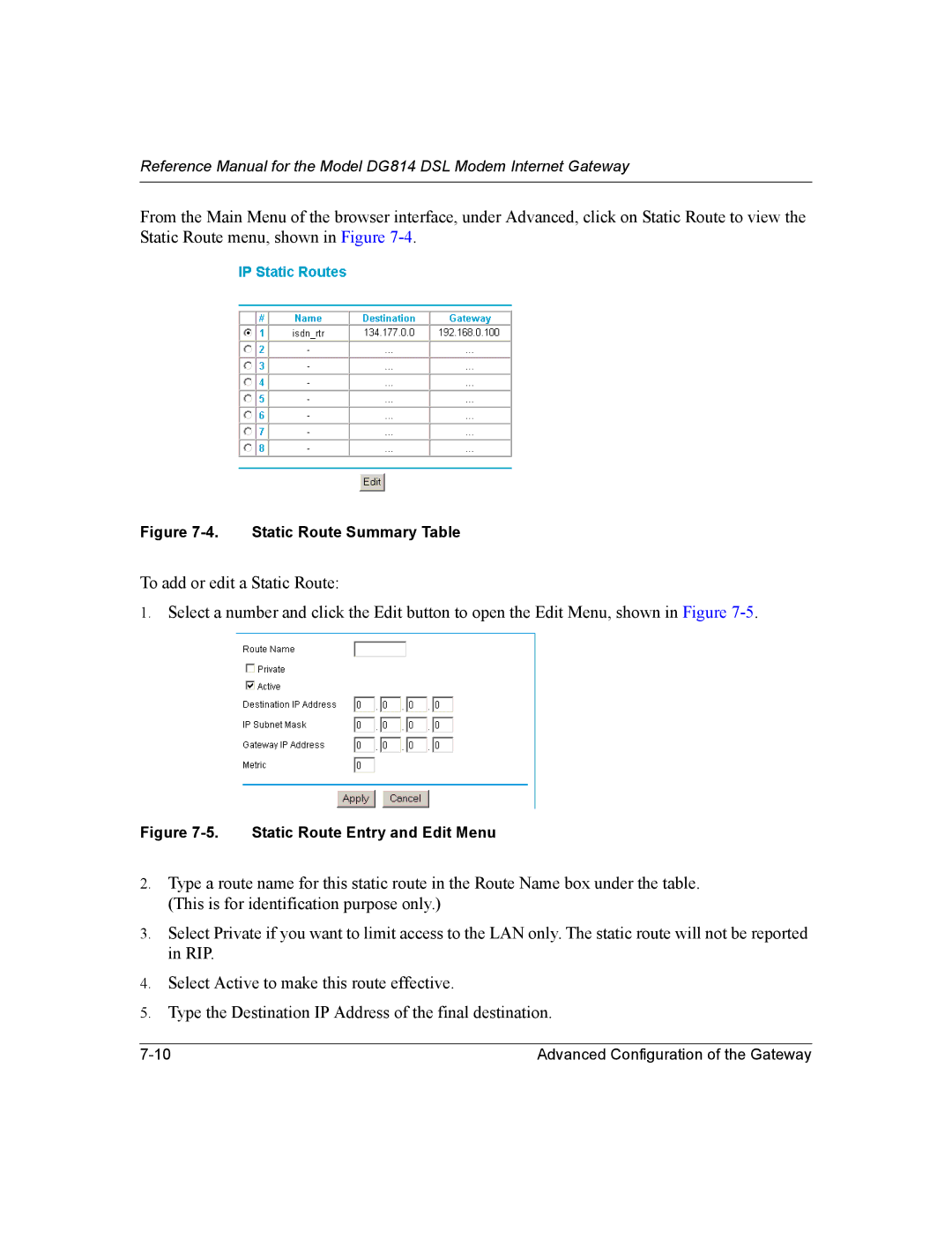 NETGEAR DG814 DSL manual Static Route Summary Table 