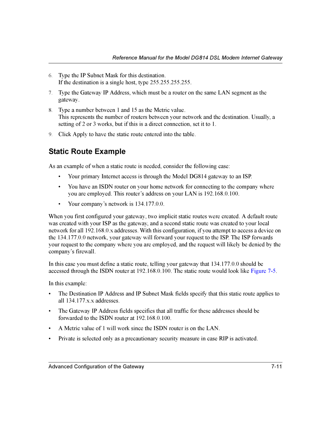 NETGEAR DG814 DSL manual Static Route Example 