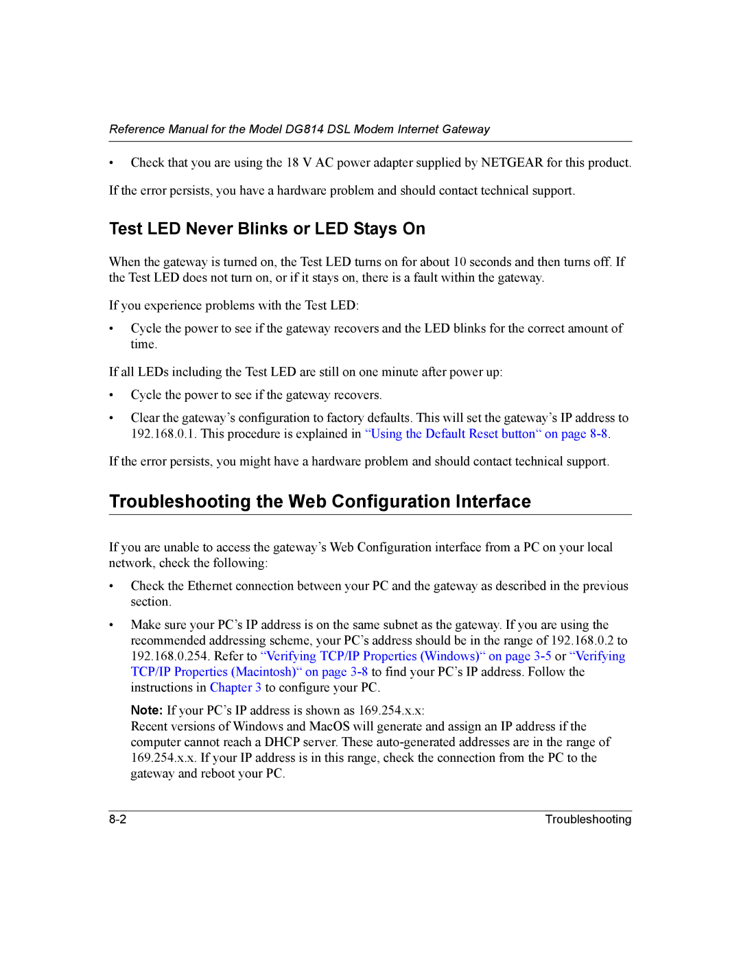 NETGEAR DG814 DSL manual Troubleshooting the Web Configuration Interface, Test LED Never Blinks or LED Stays On 